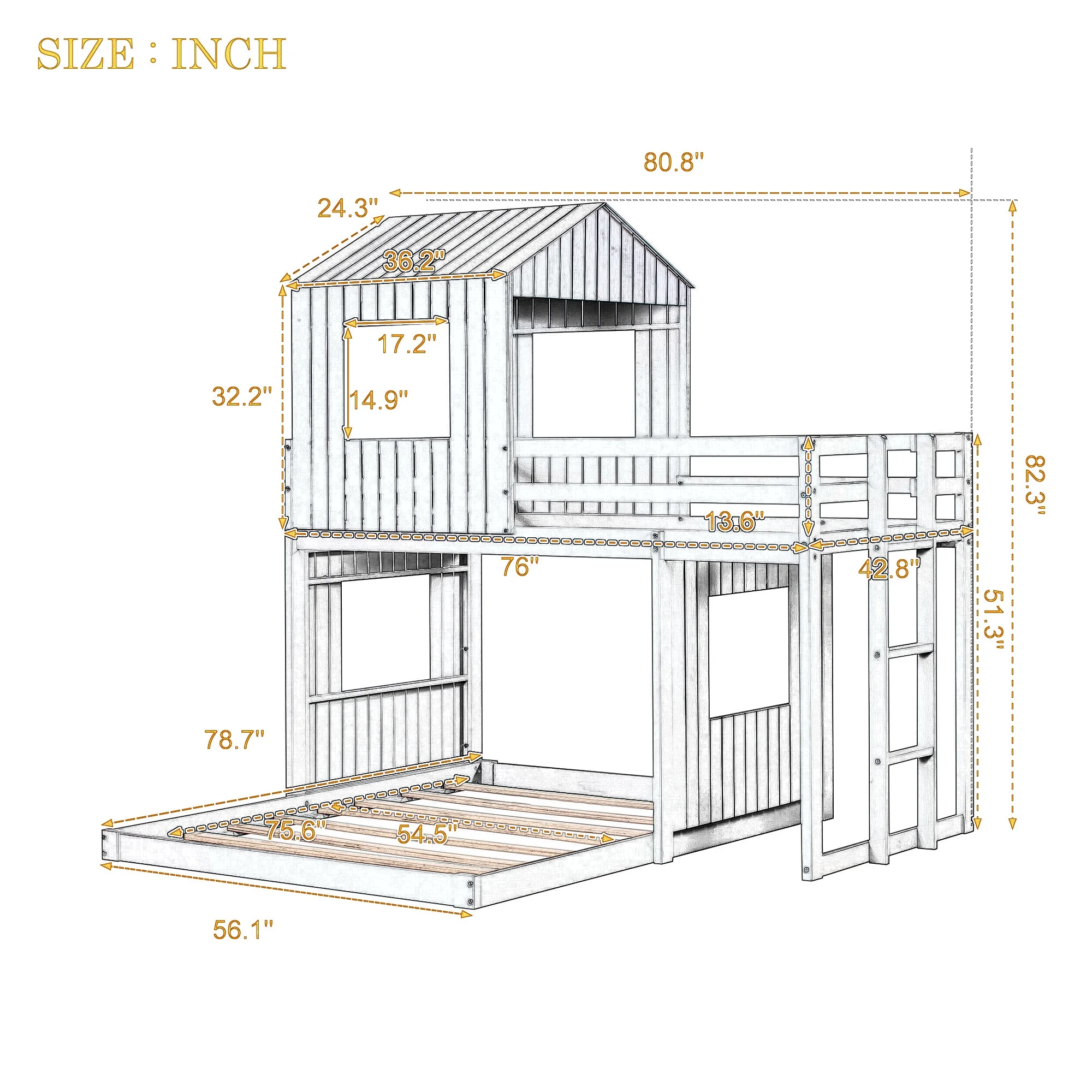 White Wooden Twin Over Full Bunk Bed with Playhouse, Farmhouse, Ladder and Guardrails