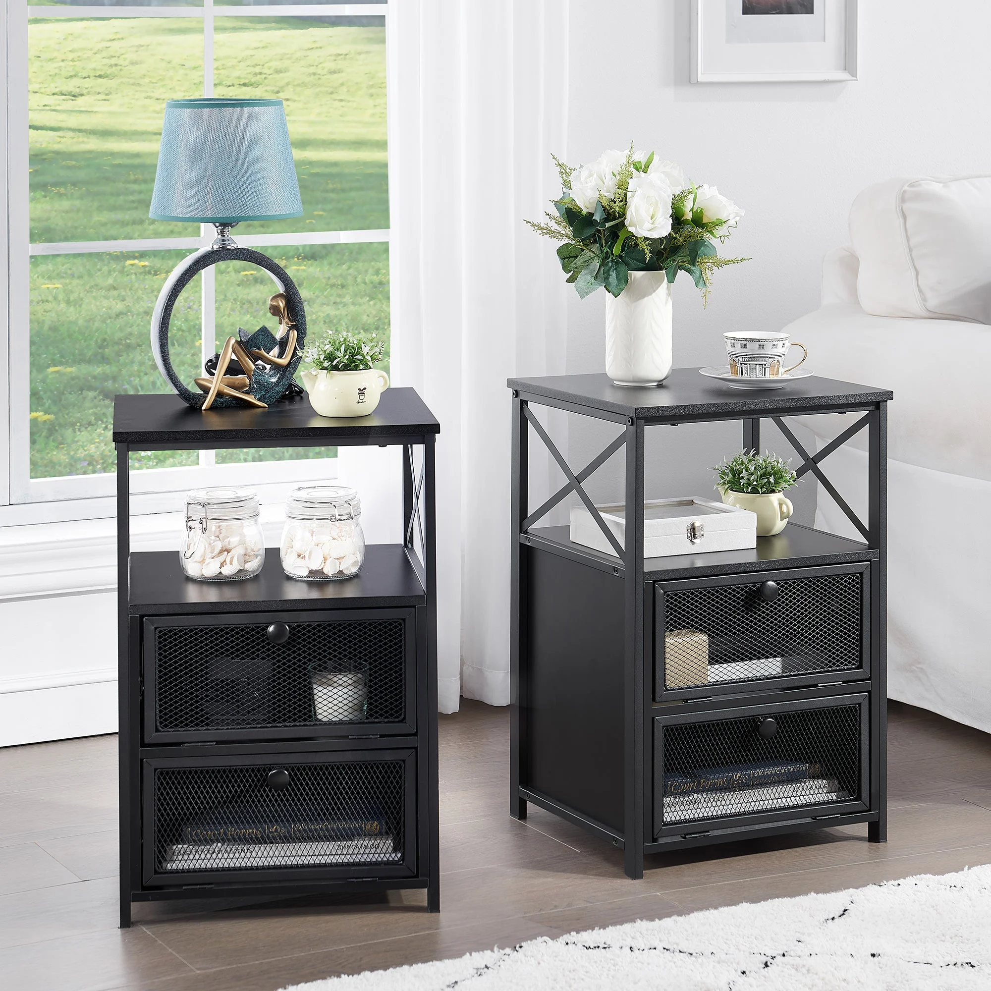 VECELO 3-Piece Bedroom Set, Full Size Metal Bed Frame and 2 Black Nightstand