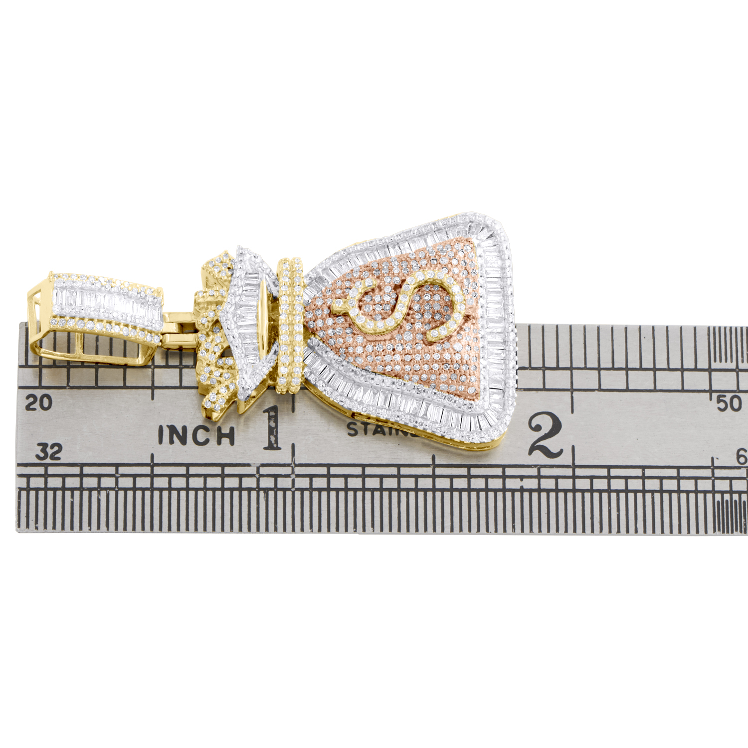 10K Yellow Gold Round & Baguette Diamond Money Bag Pendant 1.75