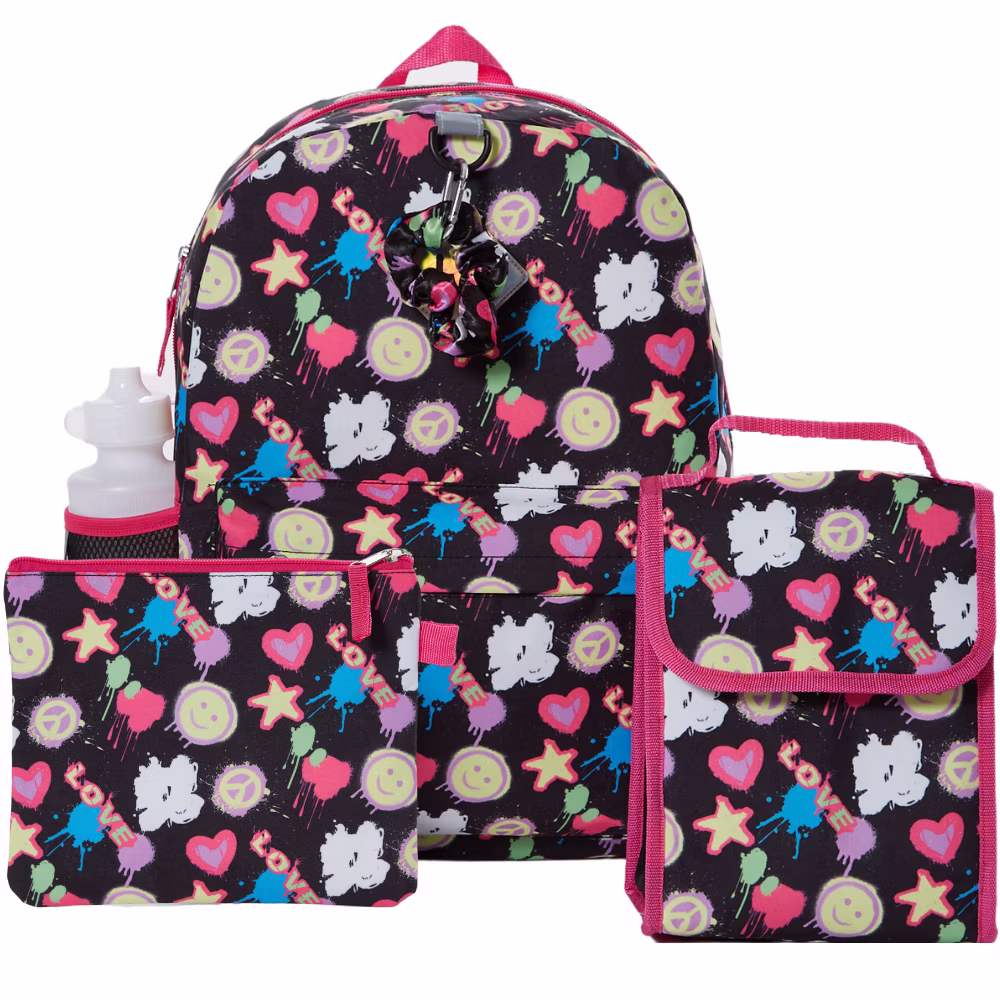 Club Libby Lu Heart Love Girls Backpack with Lunch Box and Water Bottle 6 Piece Set 16 inch Black