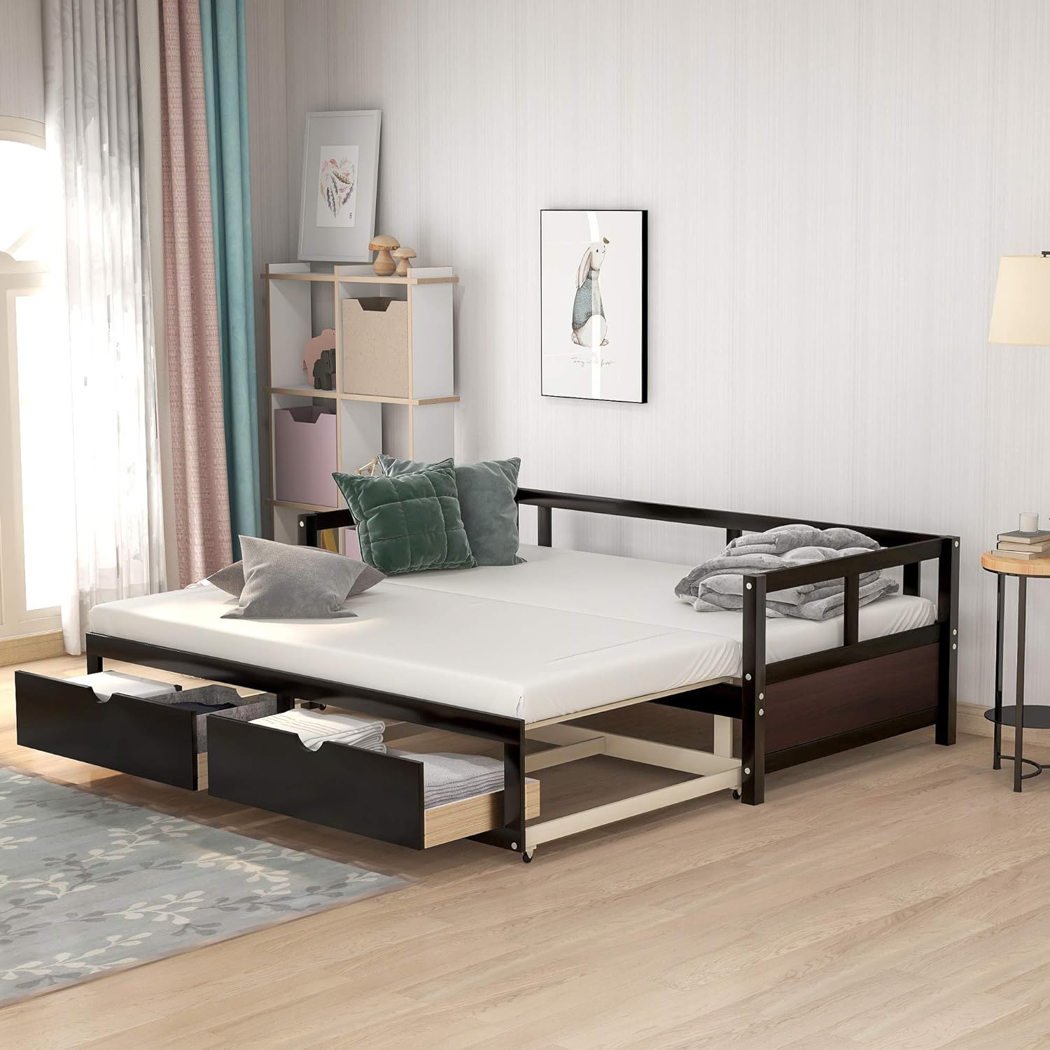 Daybed With Trundle Bed & 2 Storage Drawers, Wooden Extendable Bed, Sofa Bed For Bedroom Living Room,Espresso