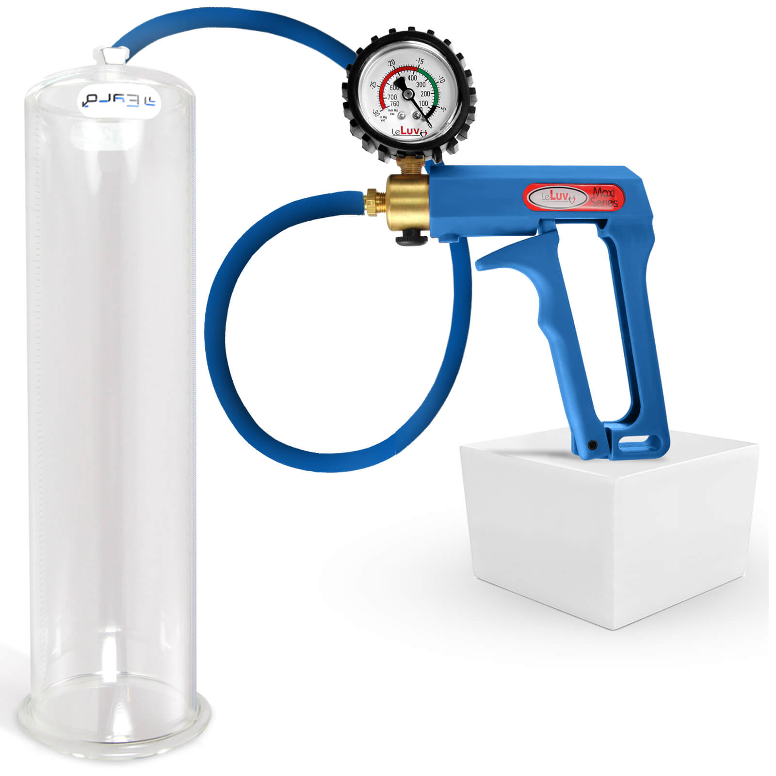 LeLuv Premium Penis Pump Maxi Blue + Protected Gauge | Upgraded Silicone Hose | 12 inch Length x 3.50 inch Diameter Cylinder