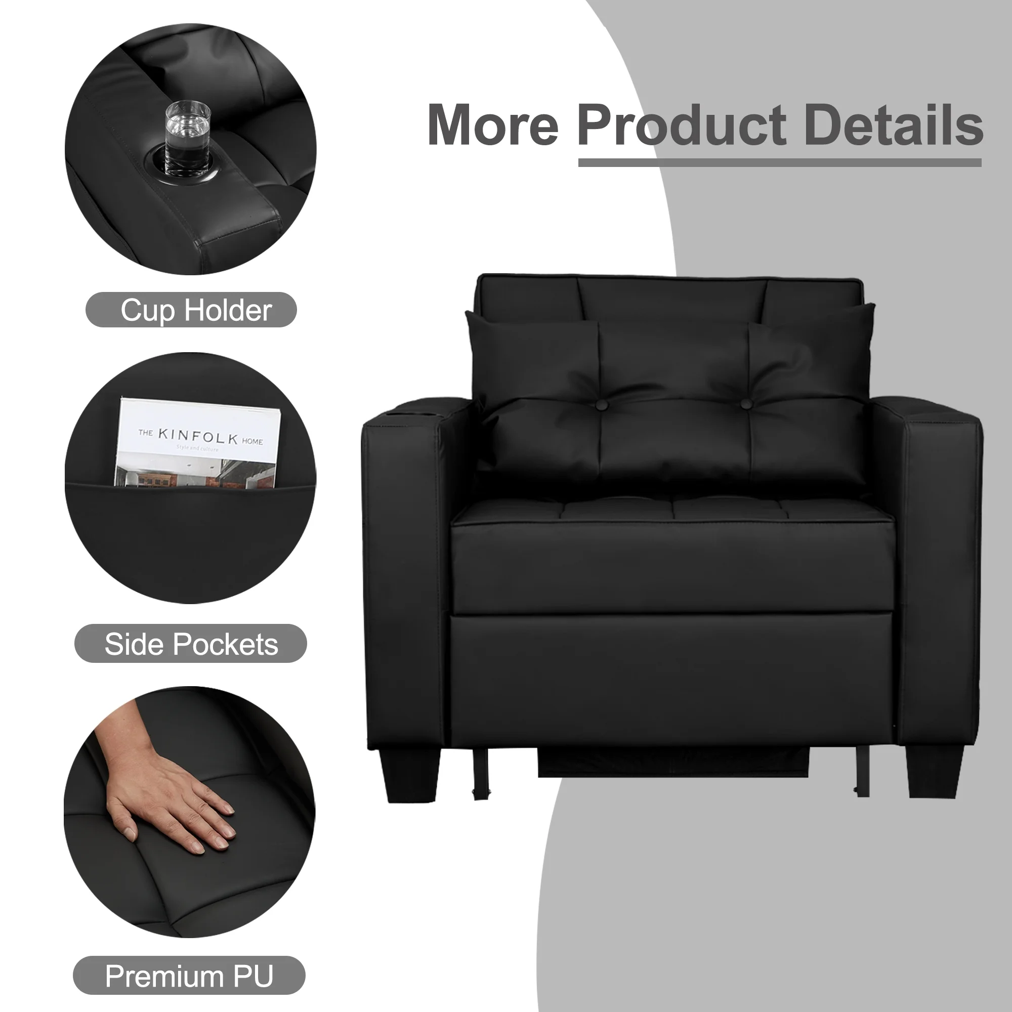 Pull Out Convertible Sleeper Sofa Bed with Storage USB Port Cup Holder Side Pocket Pillow Adjustable Backrest, Black