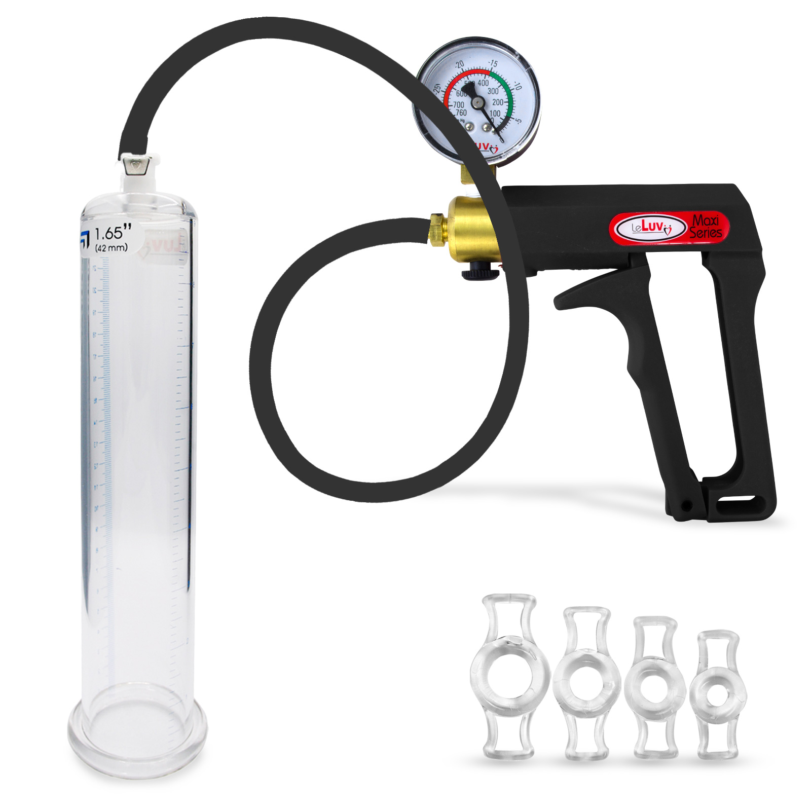 LeLuv Maxi Penis Pump | Black Handle + Vacuum Gauge | Premuium Uncollapsable Silicone Hose | 9
