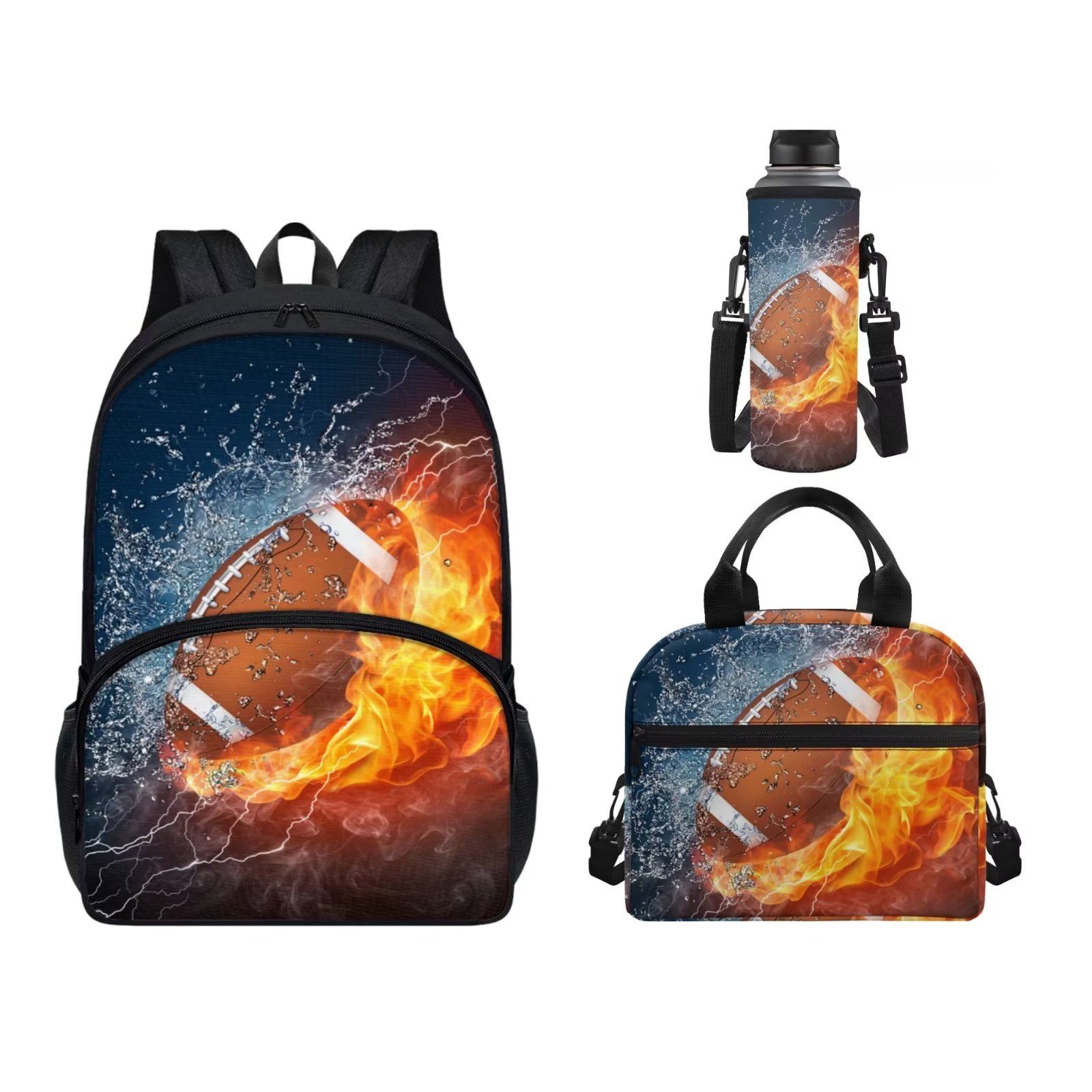 FKELYI Flame Rugby School Bag for Kids Boys 3 Pcs Portable School Outdoors 17 Inch Knapsacks with Pocket Insulated Cooler Box Pouch+Bottle Sleeve Pouch Back Pack Set