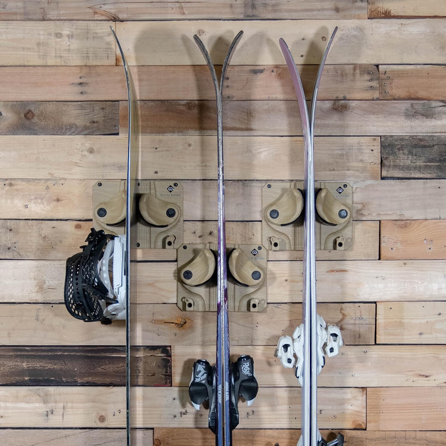 OUWI - Ultimate Wall Storage Rack for Skis and Snowboards | Damage-Free Storage | Fits Any Ski or Snowboard | (Light Wood, 3)