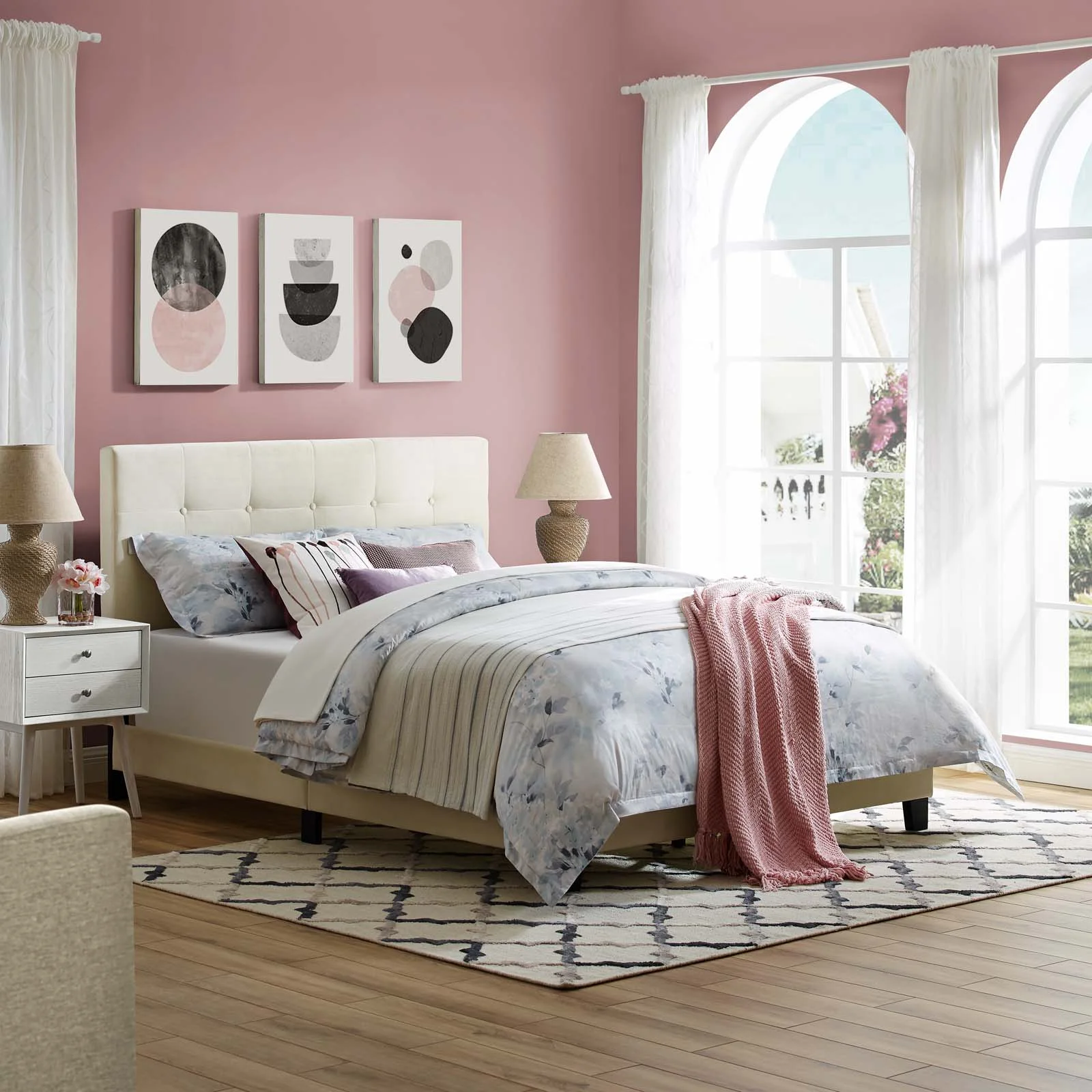 Contemporary Modern Urban Designer Bedroom Full Size Platform Bed Frame, Velvet Fabric, Ivory White