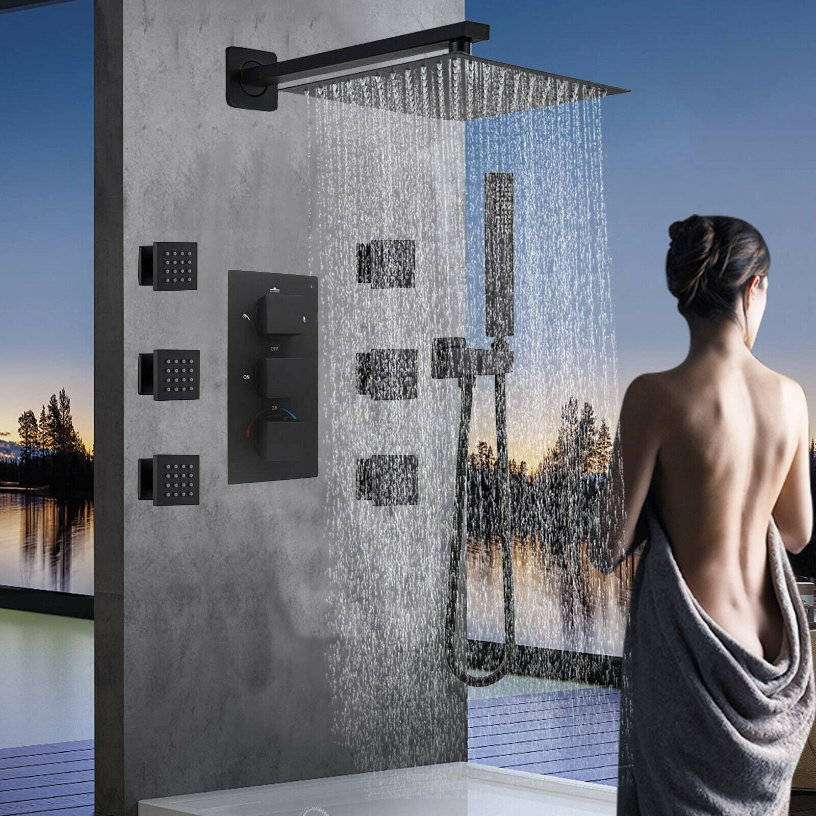 Zovajonia Shower System Matte Black 16 Inches LED Shower Faucet Set,   Rain Shower Head with Handheld Spray laundry jet system Bathroom Wall Mount Shower Fixtures