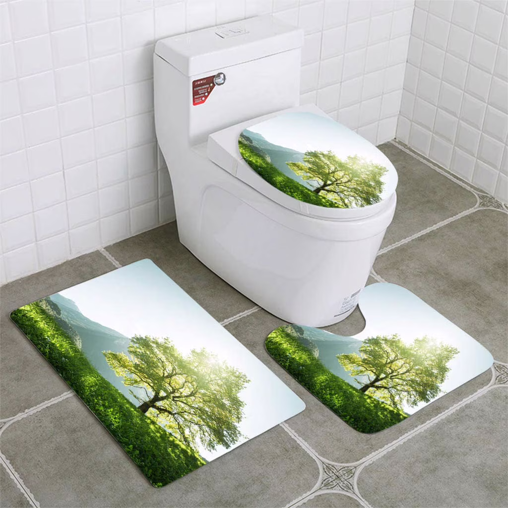 GOHAO Idyllic Landscape in Alps Tree Grass and Mountains Switzerland 3 Piece Bathroom Rugs Set Bath Rug Contour Mat and Toilet Lid Cover