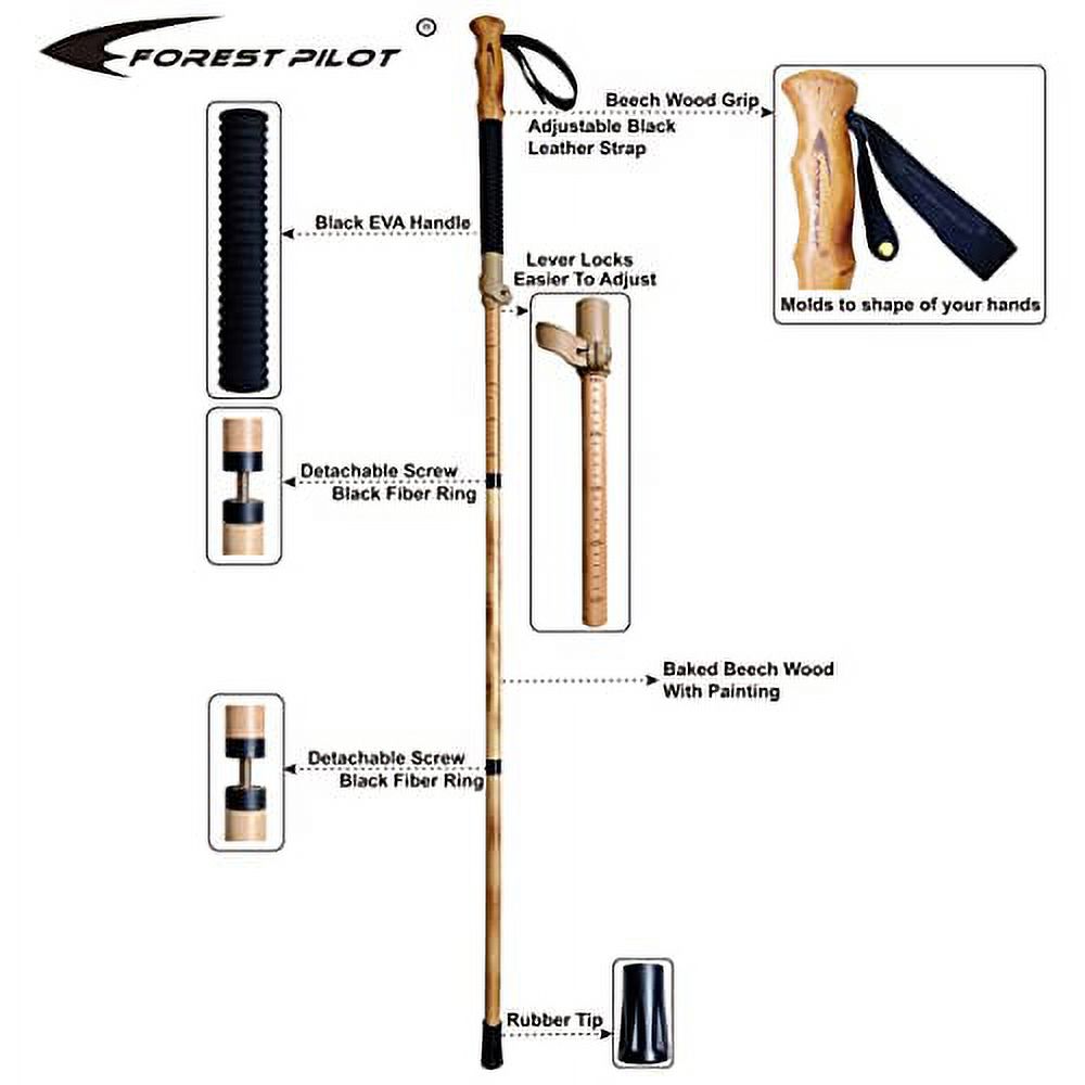 FOREST PILOT Trekking Poles- 1-pc Pack - Adjustable Hiking or Walking Stick -Strong, Natural Beech Wood - Quick Adjust Flip-Lock - Beech Wood Grip, Leather Strap (Black)