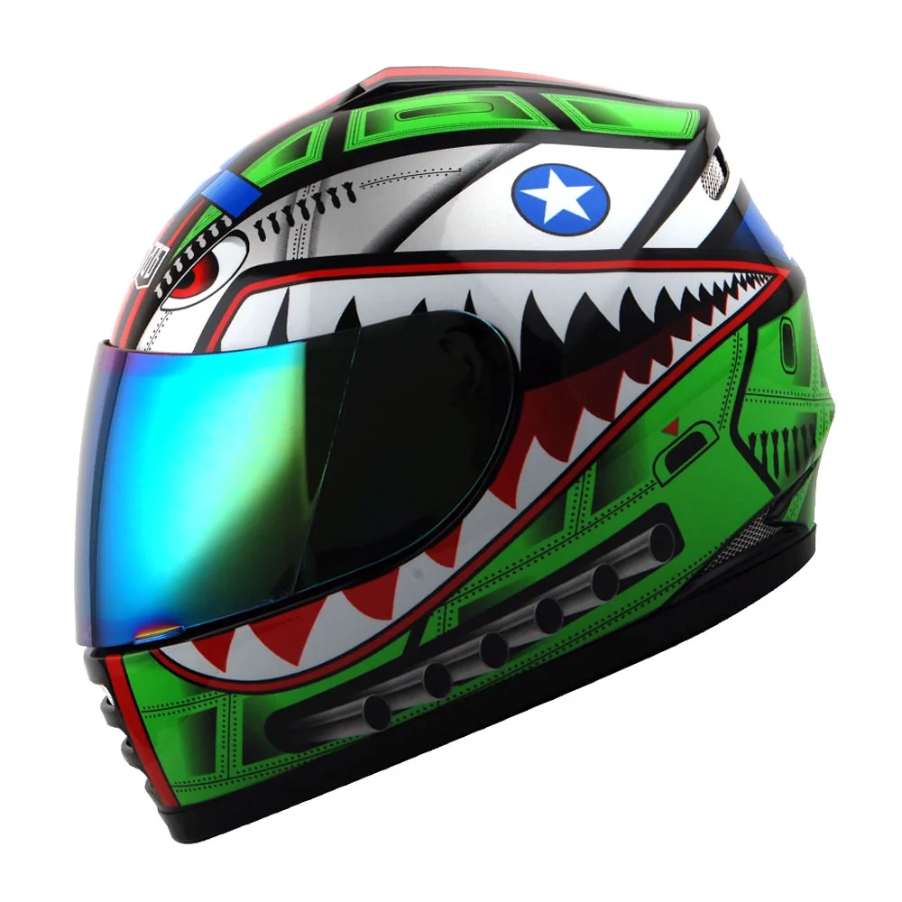 WOW Motorcycle Full Face Helmet Street Bike BMX MX Youth Kids HKY-B15 Shark Green