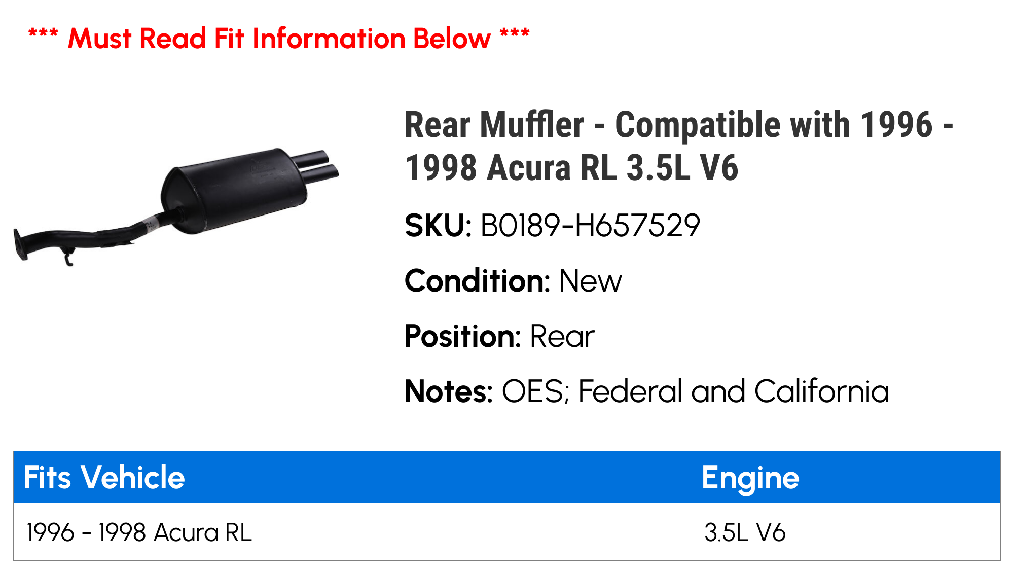 Rear Muffler - Compatible with 1996 - 1998 Acura RL 3.5L V6 1997
