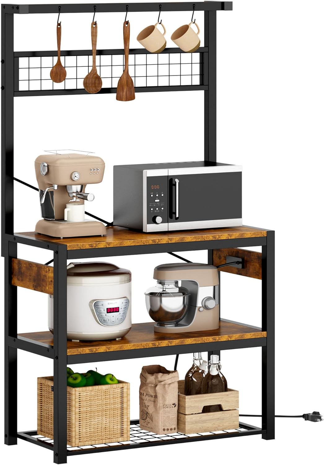 OUWI Kitchen Baker's Rack with Power Outlet, 4-Tier Microwave Oven Stand, Coffee Bar Station with 5 Hooks, Kitchen Storage Shelf Rack with Mesh Bottom Panel, Rustic Brown