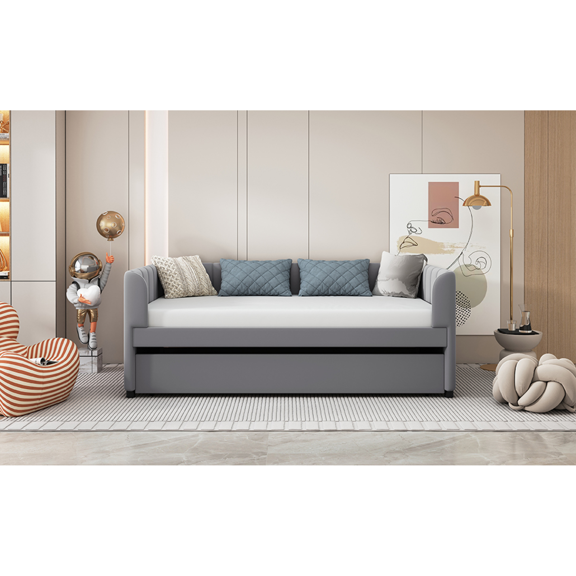 Twin Upholstered Daybed with Trundle & Ergonomic Backrest, Gray - Fits Twin Mattress