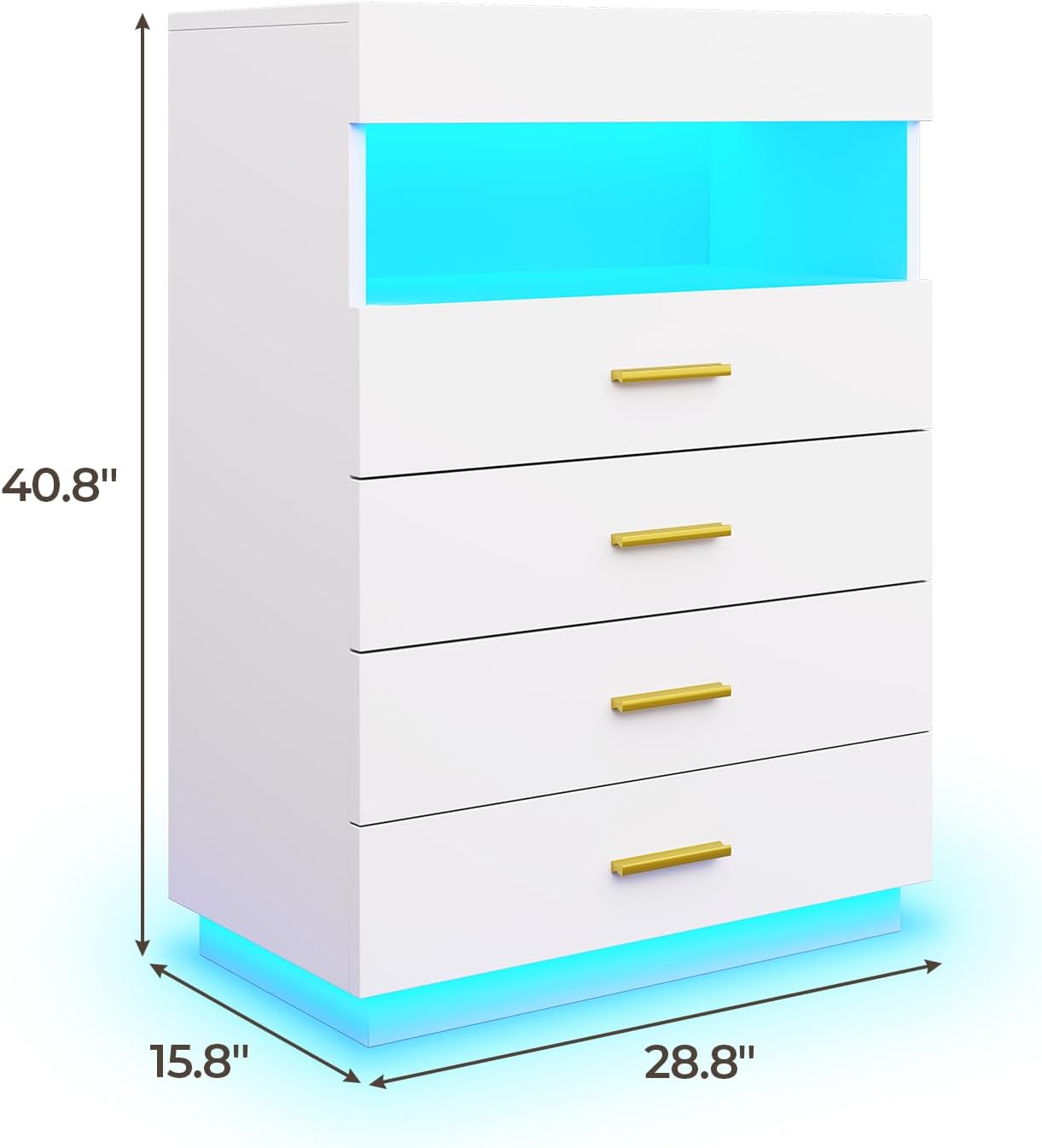 White Dresser with LED Lights, Tall Dresser with Pull Out Tray, Chest of Drawers