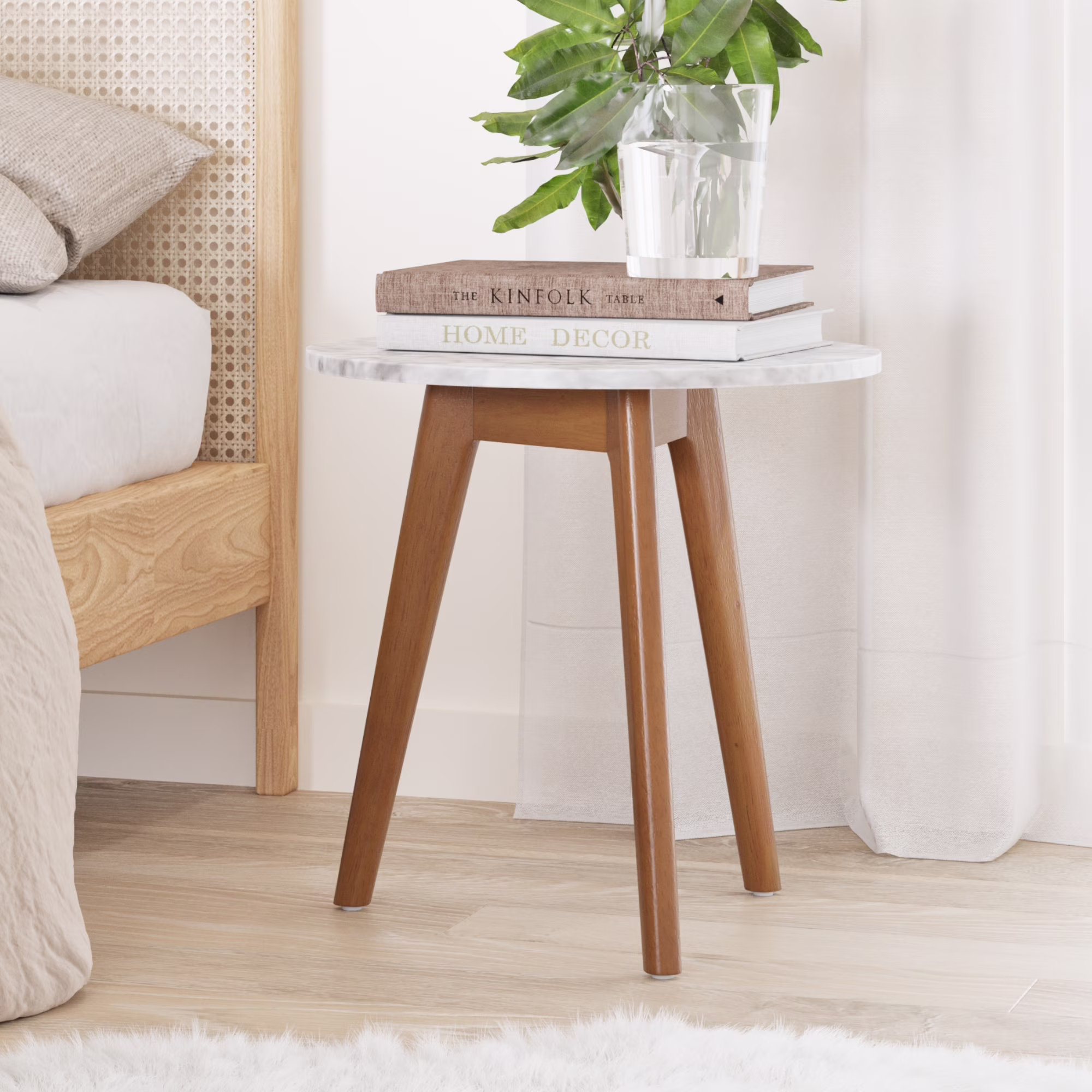 Nathan James Amalia Accent Table or Nightstand White Marble Laminated Top Dark Brown Solid Wood Base