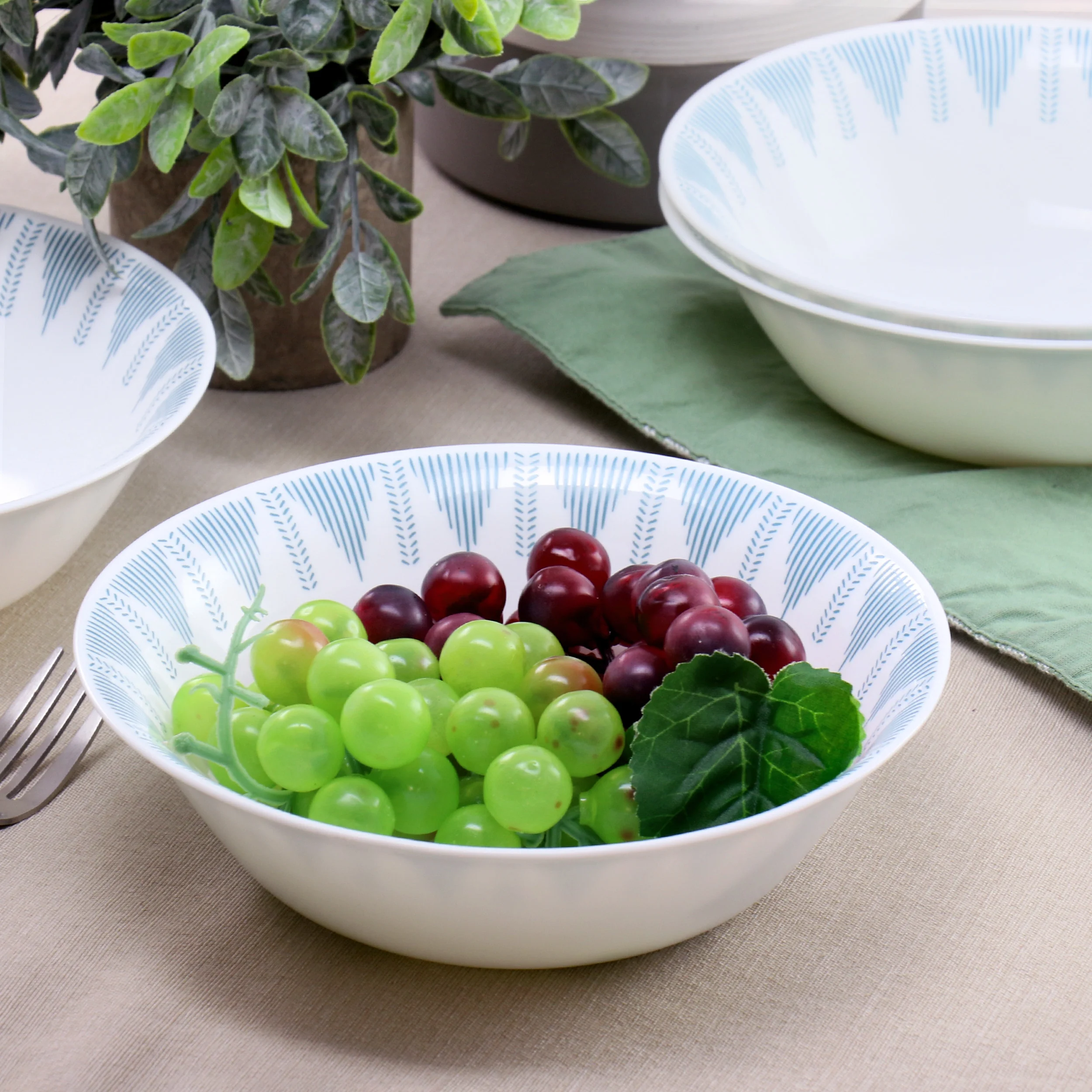 Ultra by Gibson Piper Point 4 Piece 6.5 Inch Round Tempered Opal Glass Fruit Bowl Set in Blue