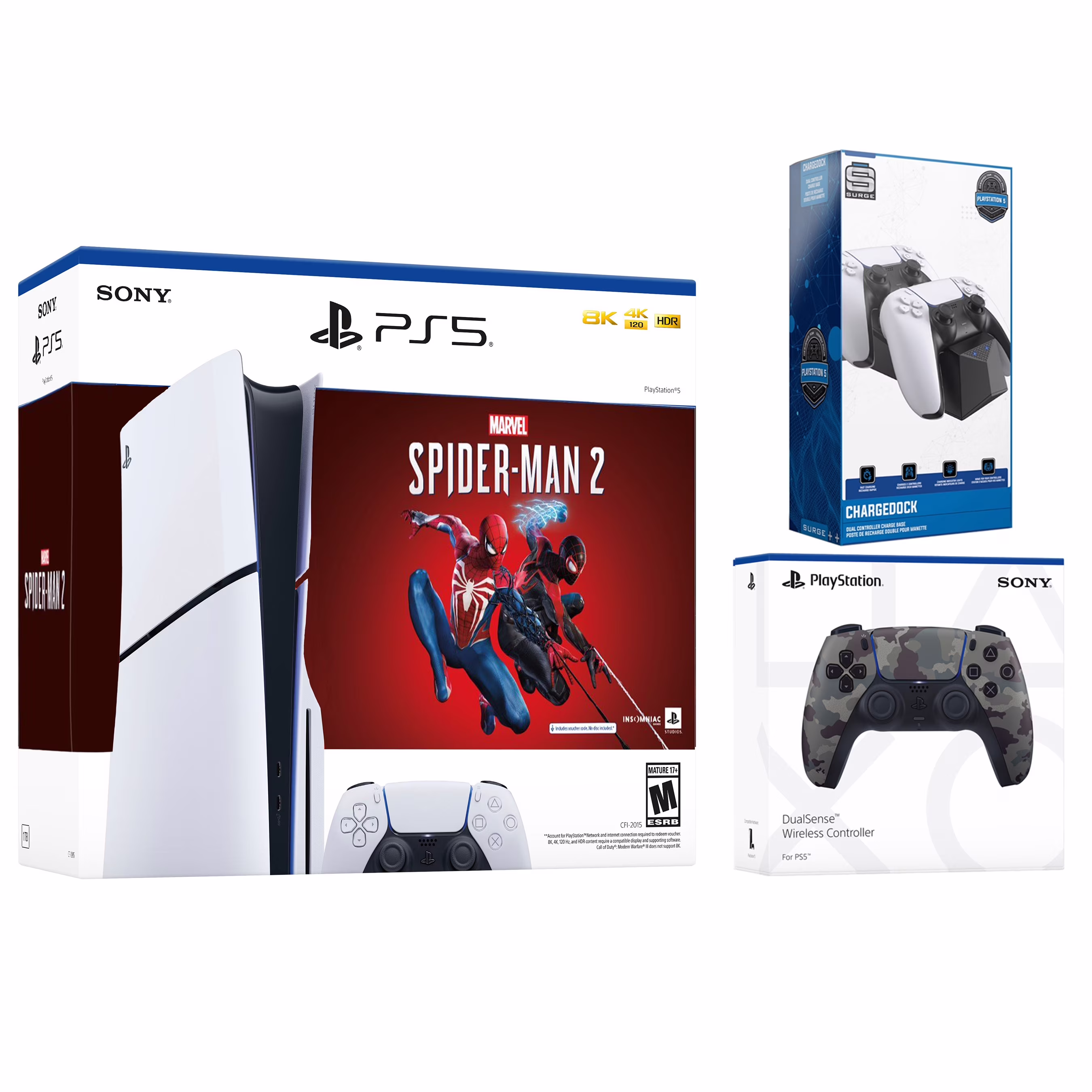 Sony Playstation 5 Slim Disc Marvel’s Spider-Man 2 Bundle with Extra Gray Camo Controller and Surge Dual Controller Charge Dock