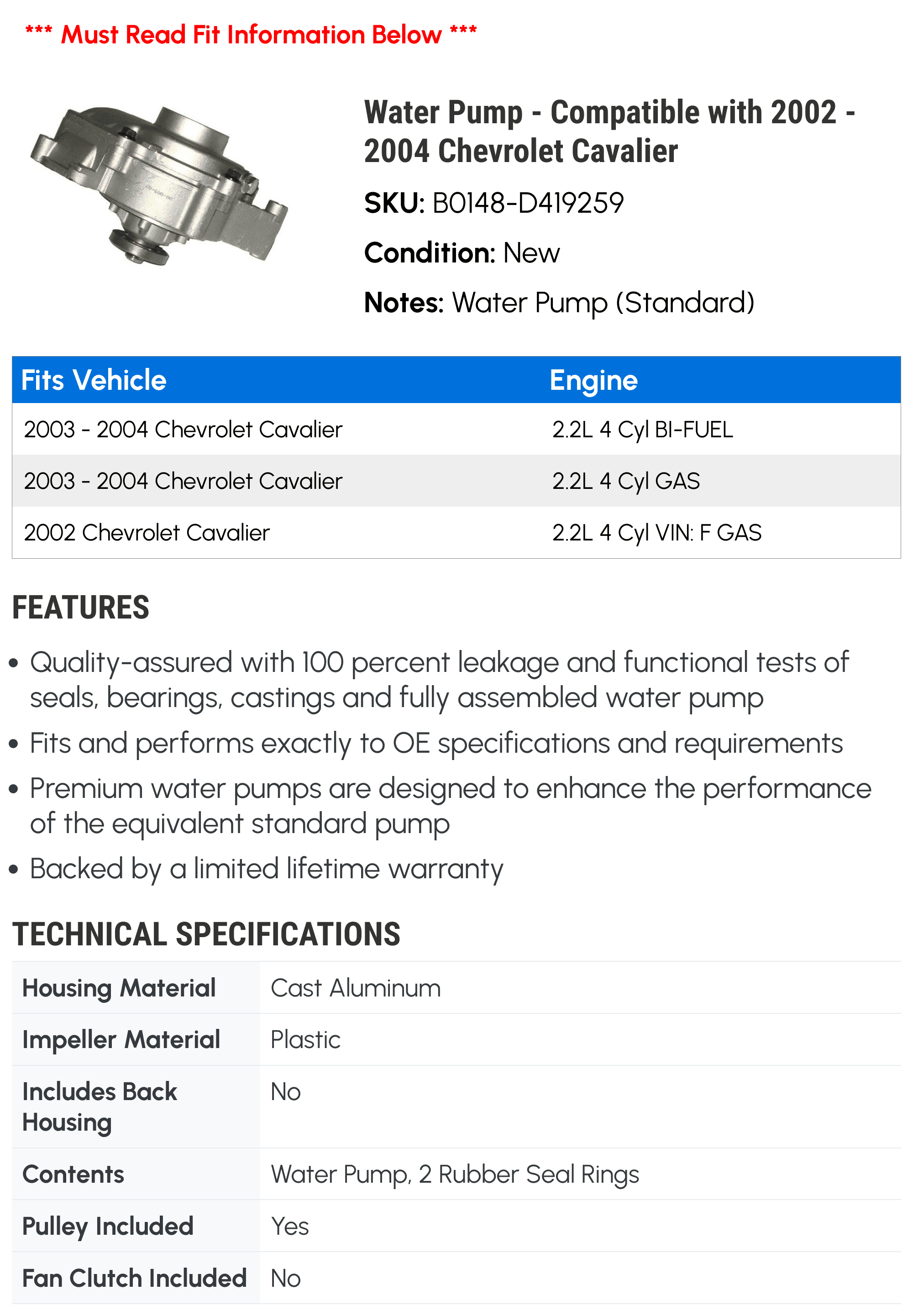 Water Pump - Compatible with 2002 - 2004 Chevy Cavalier 2003