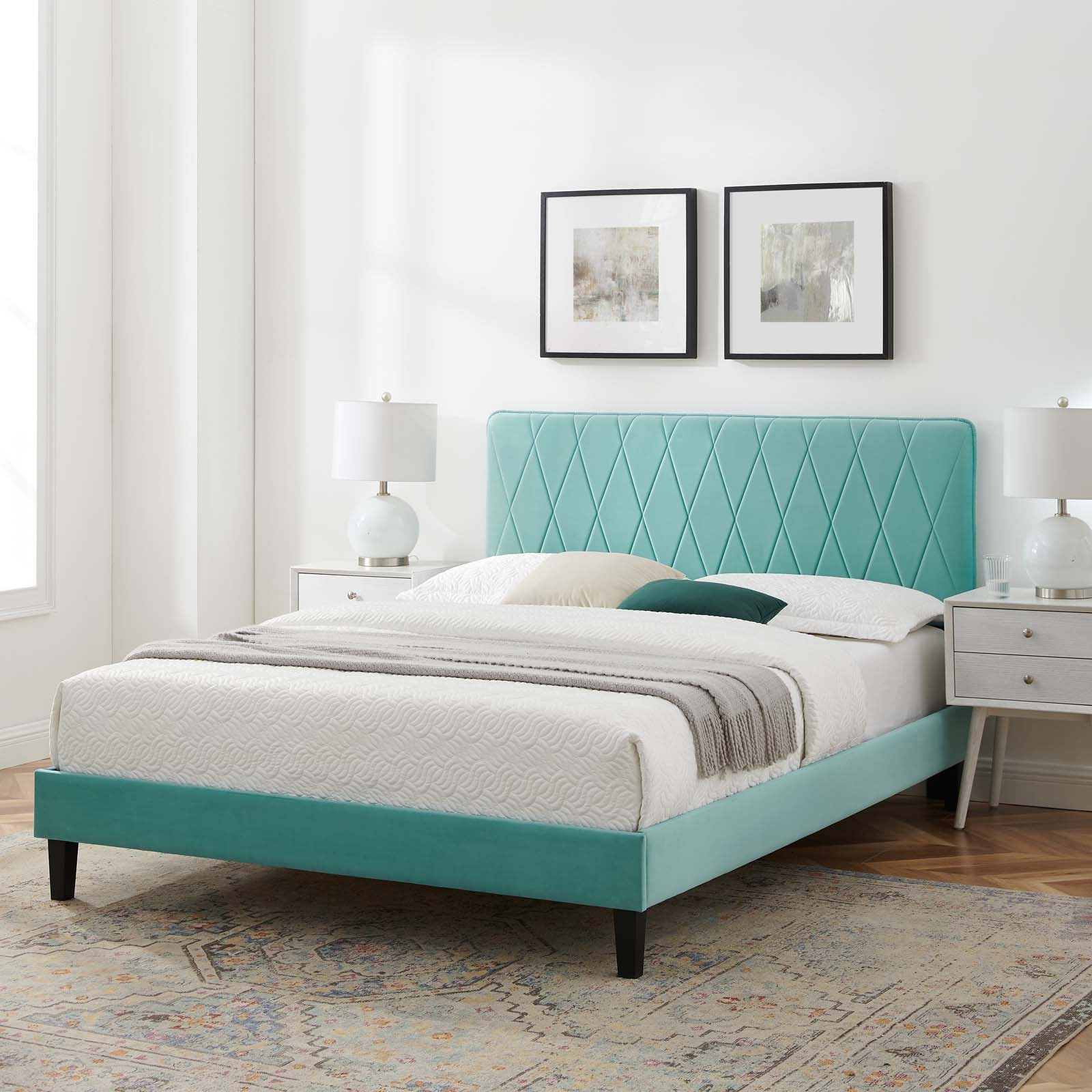 Modway Phillipa Performance Velvet King Platform Bed in Mint