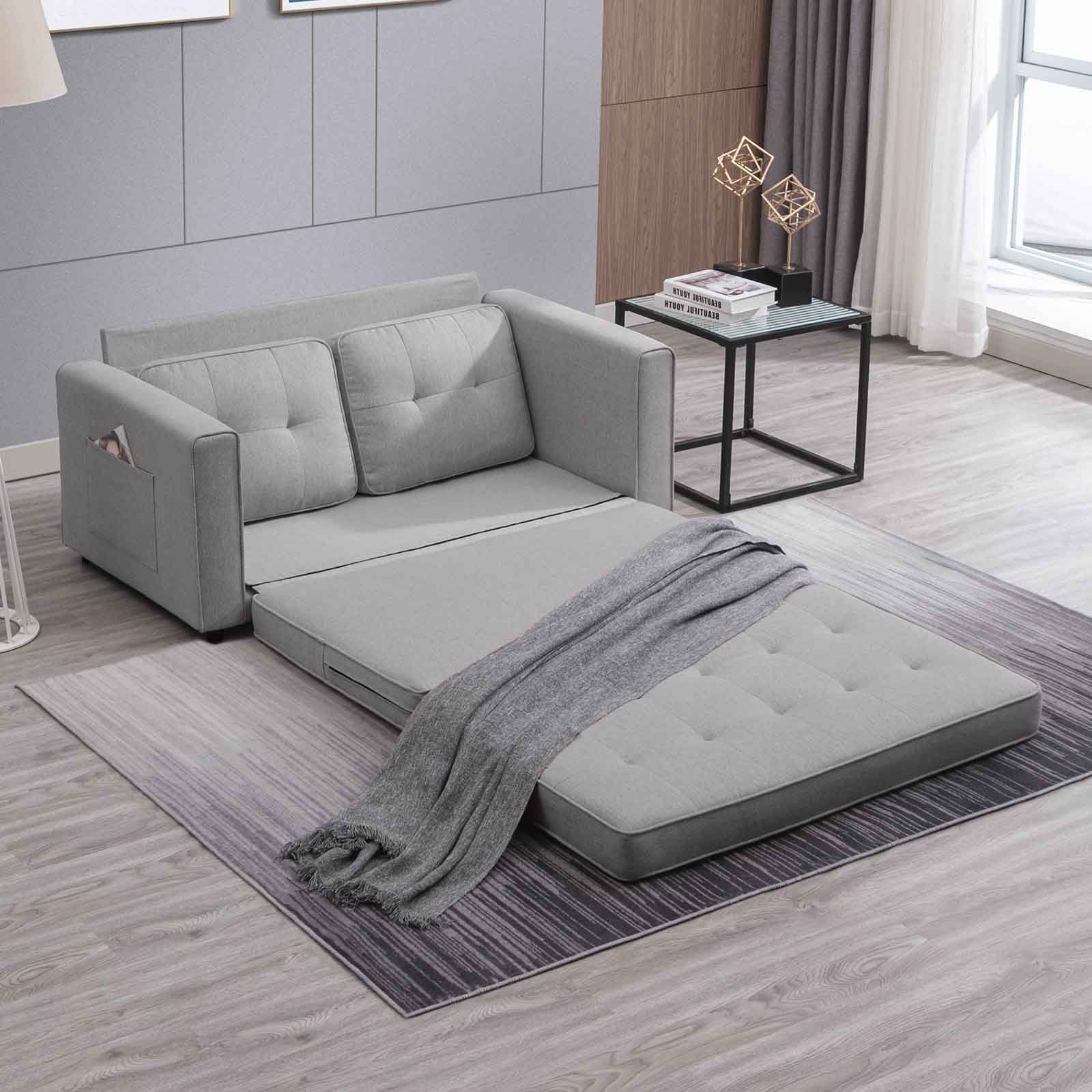 CECER Convertible Futon Sofa Bed, Upholstered Loveseat Sofa Couch, Linen Upholstered Sleeper Sofa, Futon Couch w/ Solid Wood Frame, Pull out sofa bed, Furniture for Living Room, Apartment,Light Grey