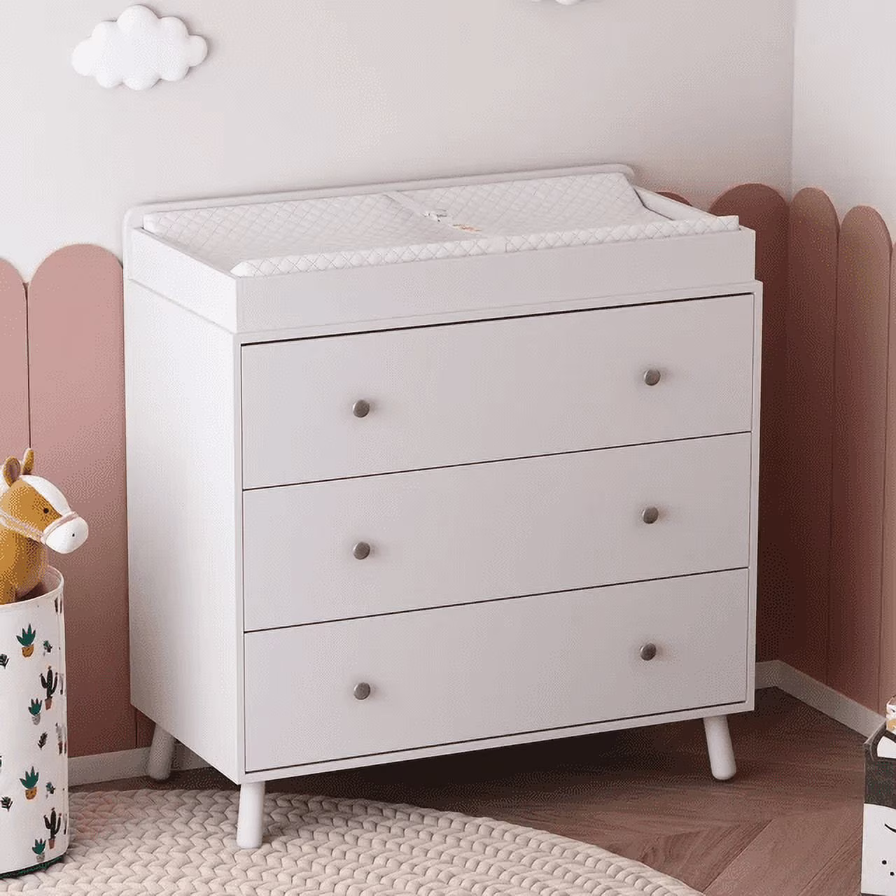3 Drawer Changing Table and Storage Dresser with Open storage compartment and Removable Pad