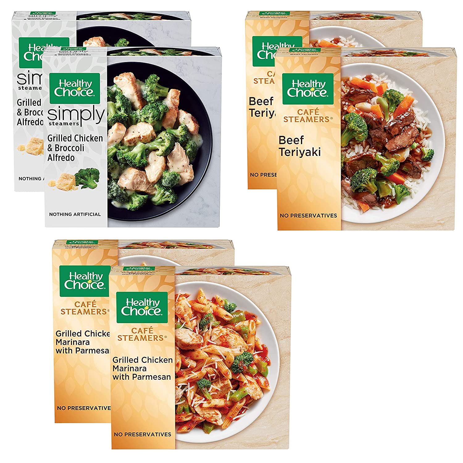 Gourmet Kitchn Healthy Choice Café Steamers Variety Pack- 2 Grilled Chicken Marinara with Parmesan- Asian Inspired Beef Teriyaki - & Broccoli Alfredo Frozen Meal- of Each Flavor (Total 6 Boxes)