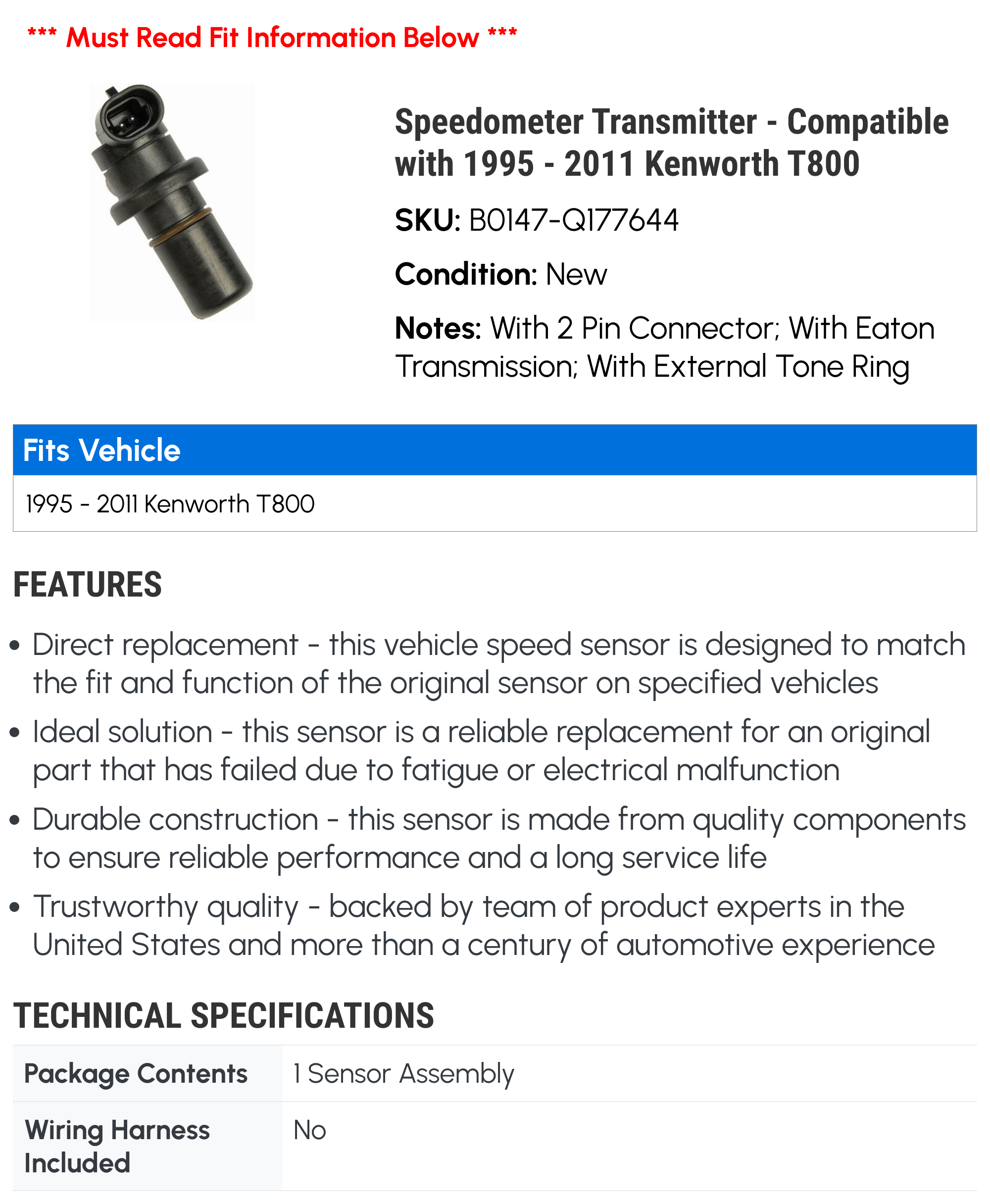 Speedometer Transmitter - Compatible with 1995 - 2011 Kenworth T800 1996 1997 1998 1999 2000 2001 2002 2003 2004 2005 2006 2007 2008 2009 2010