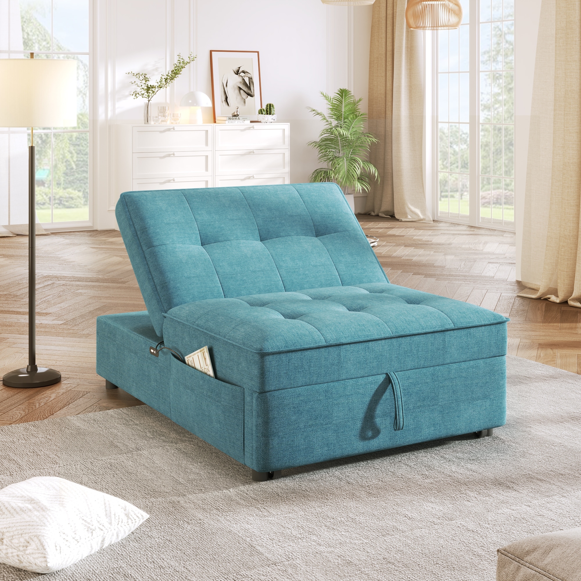 4-in-1 Multi-Function Folding Sofa Bed with Pocket and USB Port Teal
