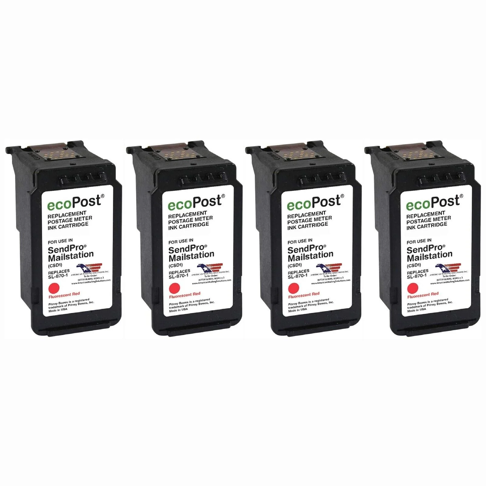 4-Pack | Pitney Bowes SL-870-1 Red Fluorescent Ink Cartridge Replacement for SendPro Mailstation (CSD1) Postage Meter