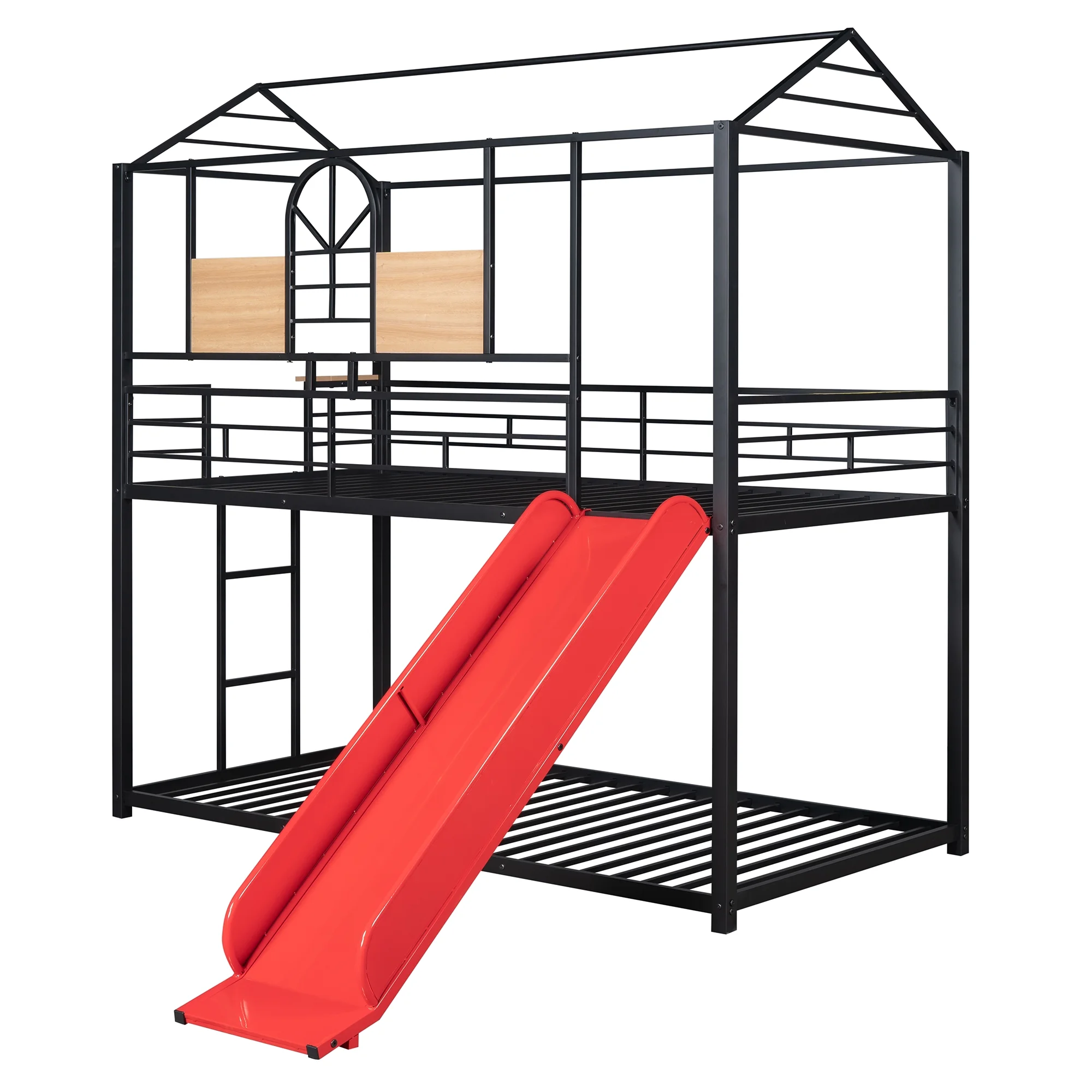 Metal Twin Over Twin Bunk Bed with Slide and Roof, Kids Child Bed Frame Housebed Playhouse Slatted Foundation