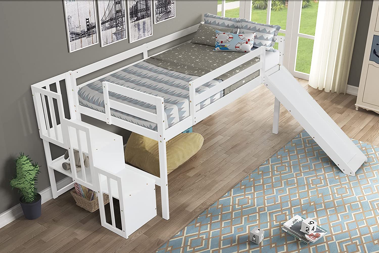 Low Loft Bed With Stairs And Slide, Solid Wood Loft Bed With Storage Shelf, Low Loft Bed For Kids, Teens, Girls & Boys, No Box Spring Needed (, White)