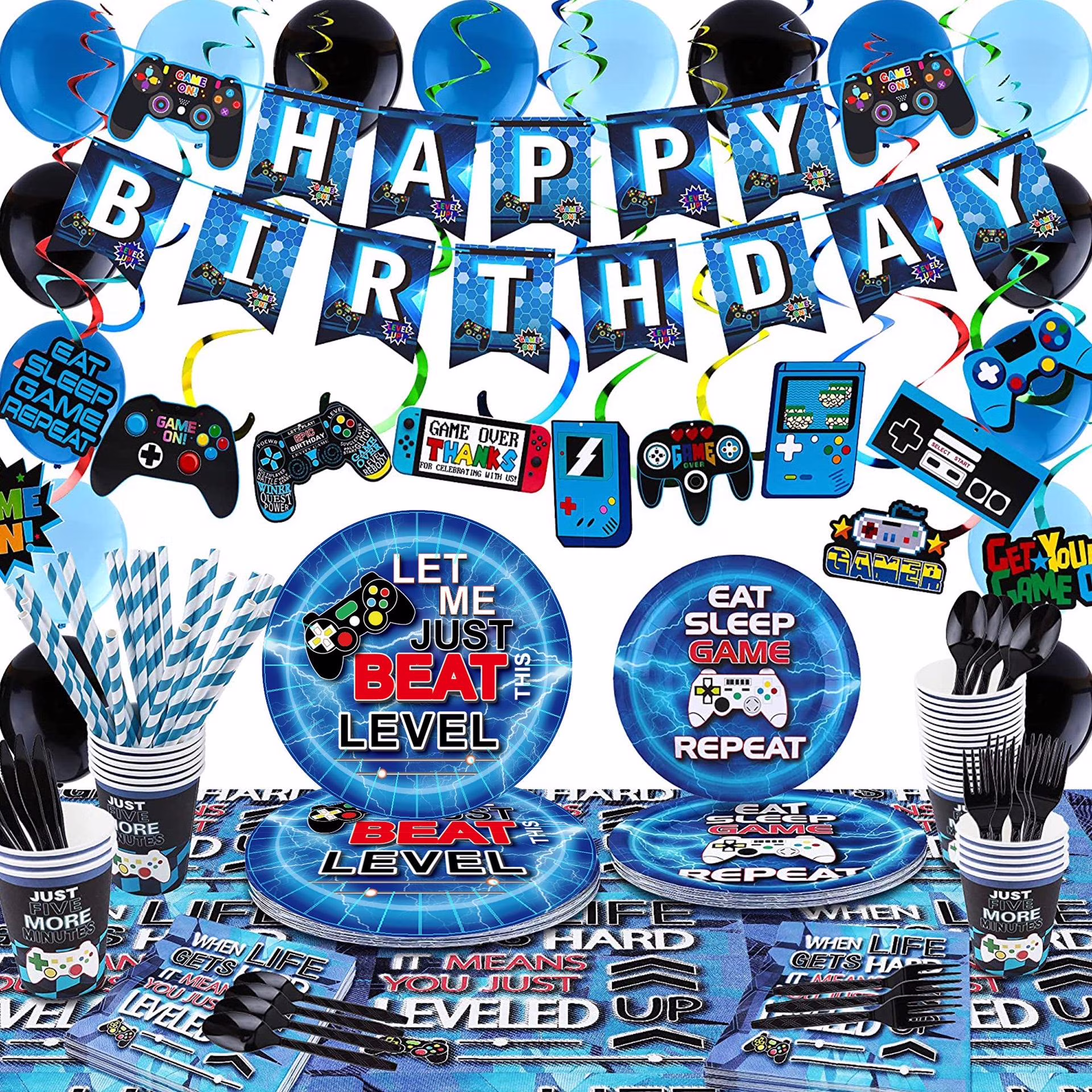 Video Game Birthday Party Decorations Set, 150 Pcs Gaming Happy Birthday Supplies Includes Video Game Backdrop, Table Covers, Tableware Sets-Blue