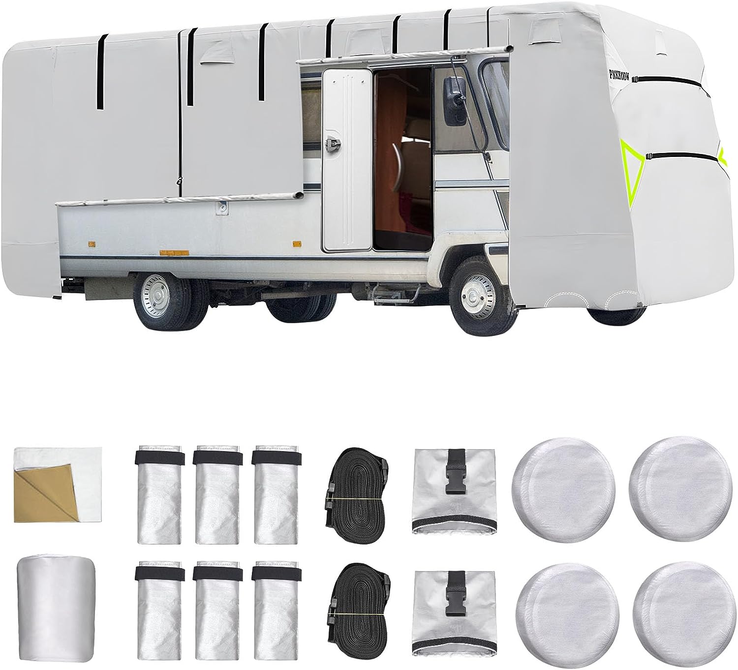 Suteck  Car Tire Travel Trailer Cover 30-33ft, 2022 Upgraded Oxford RV Cover Windproof Waterproof Breathable Anti-UV Silver Coating Camper Cover w/Storage Bag, Gutter Spout, Tire Cover