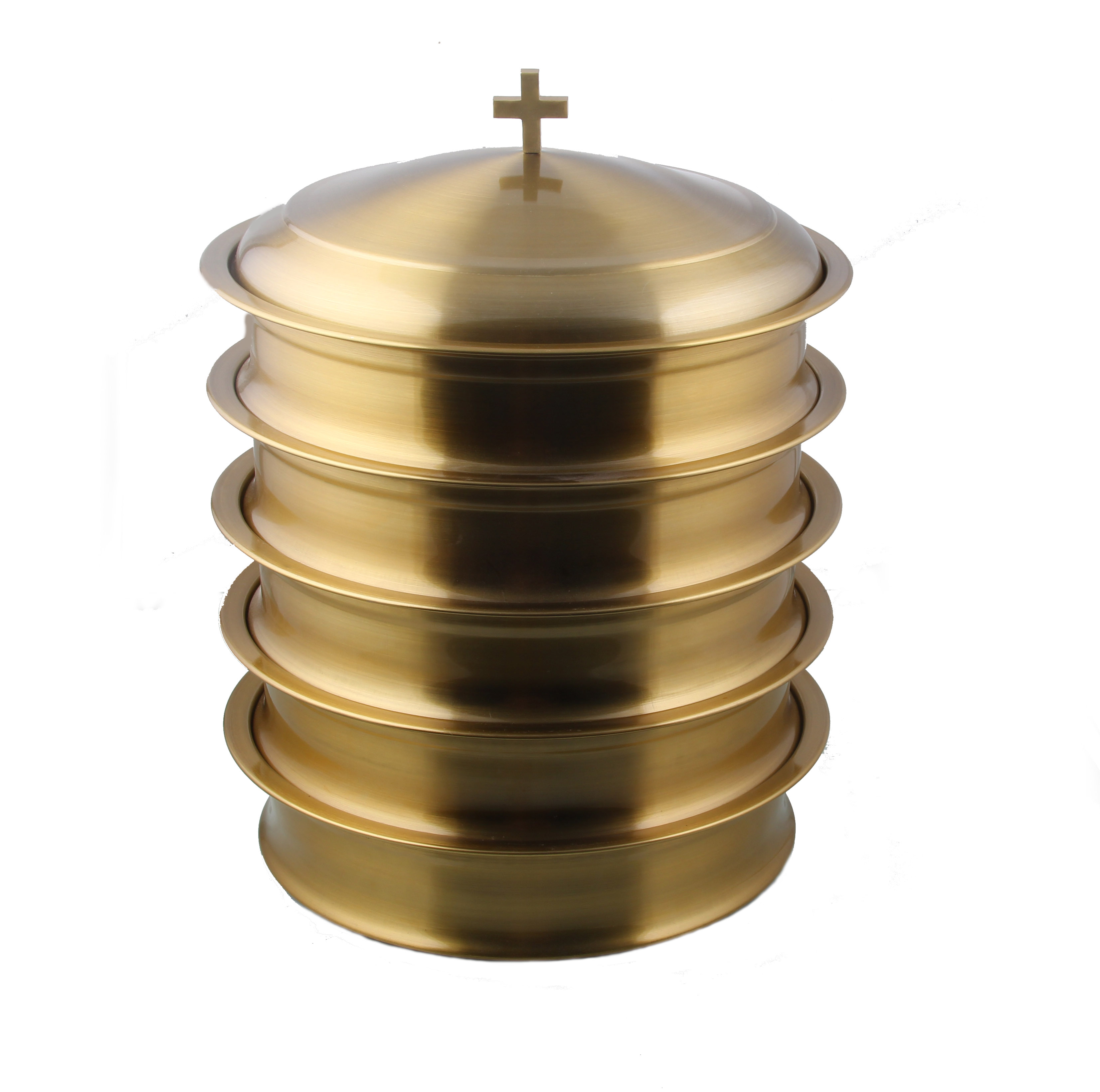 Communion Ware 5 Holy Wine Serving Trays with a Lid & 3 Stacking Bread Plates with a Lid Stainless Steel - Brass/Gold