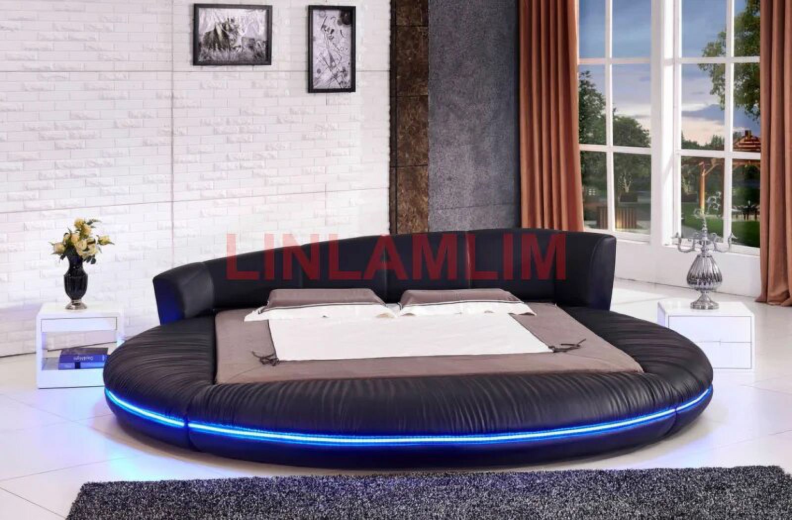 Linlamlim LED light round BED frame camas genuine leather bed кровать двусп&
