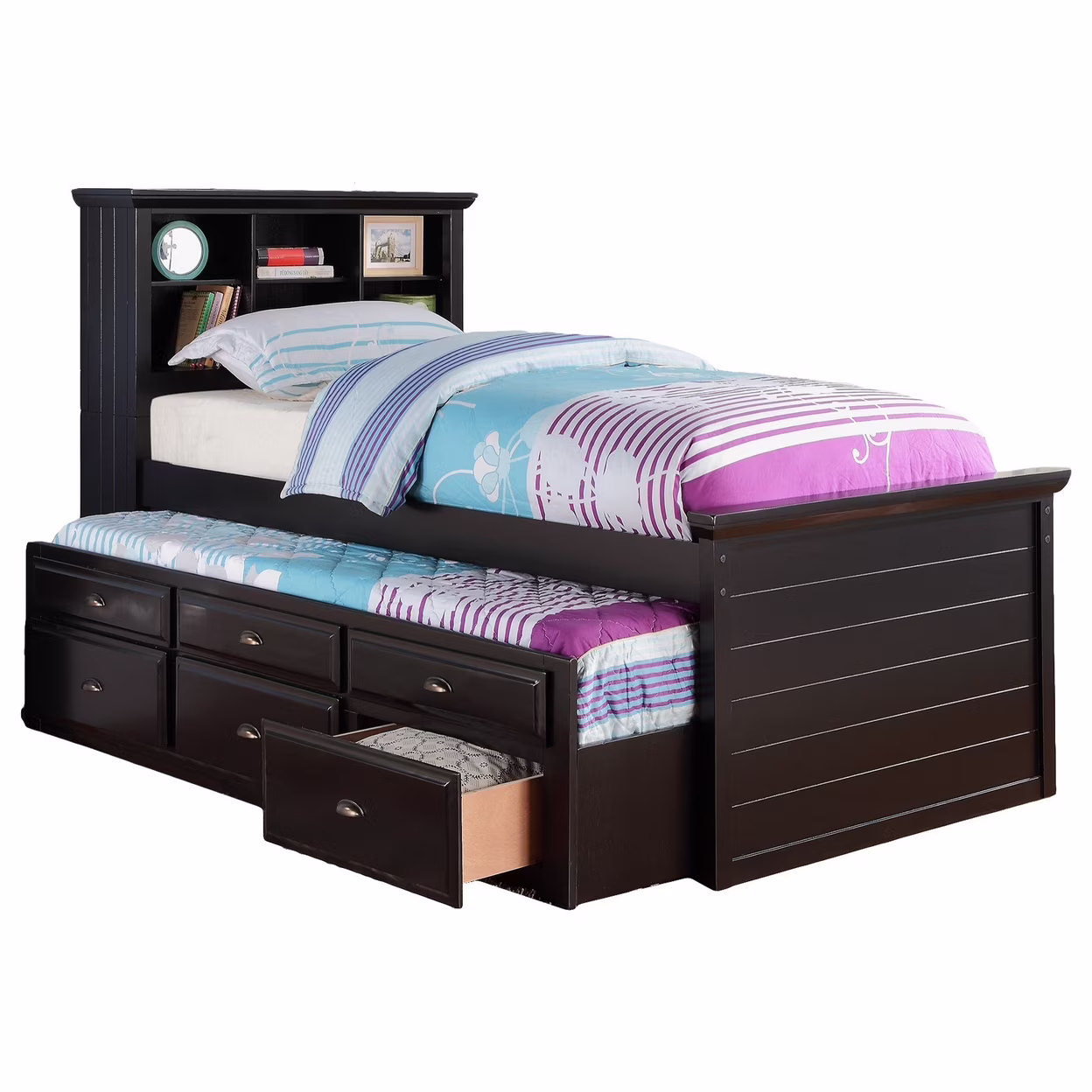 Toni Twin Size Trundle Bed with 6 Drawers Bookcase Headboard Black Wood- Saltoro Sherpi