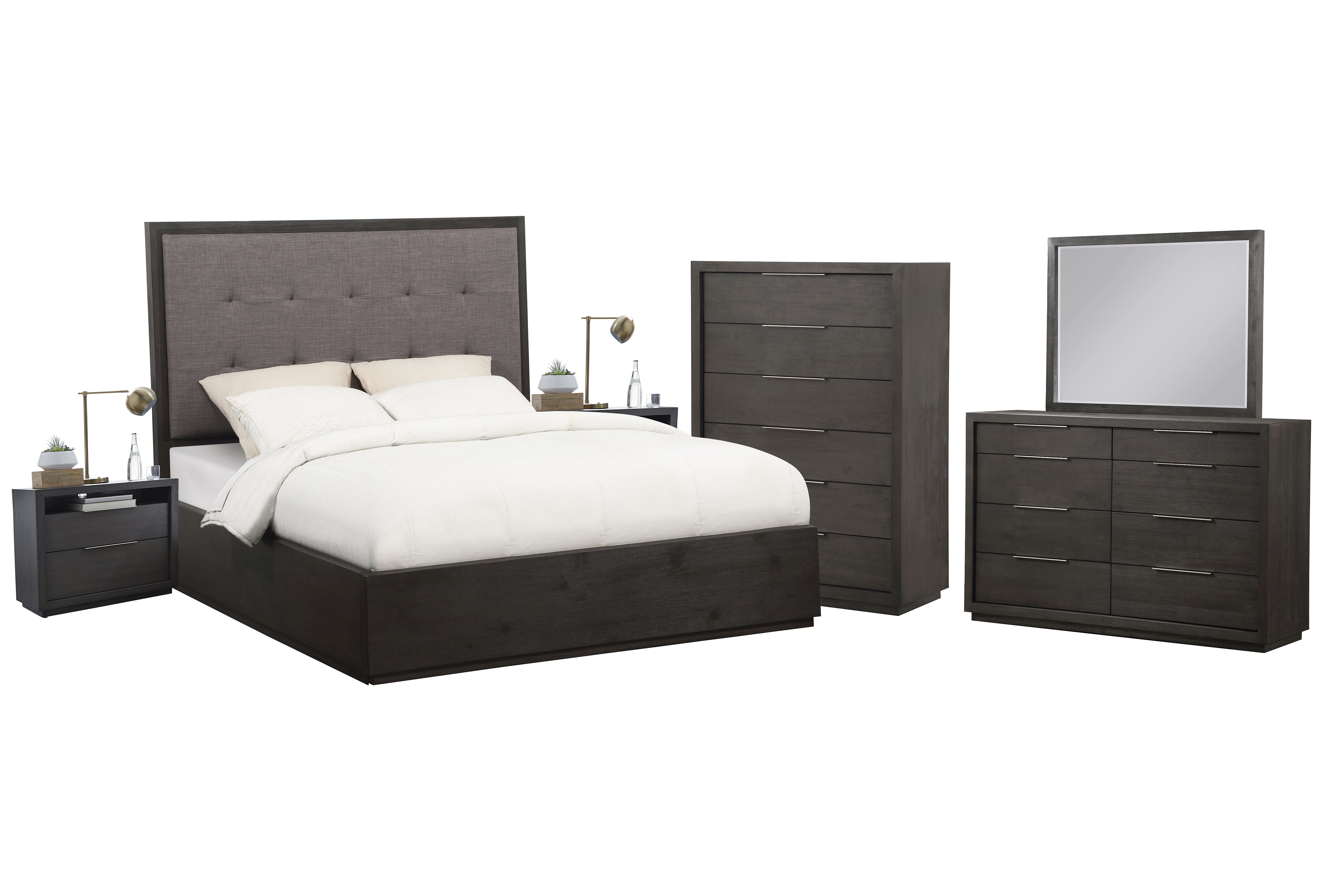 Outbound 6PC Cal King Storage Bed, 2 Nightstand, Dresser, Mirror & Chest Set in Weathered Grey