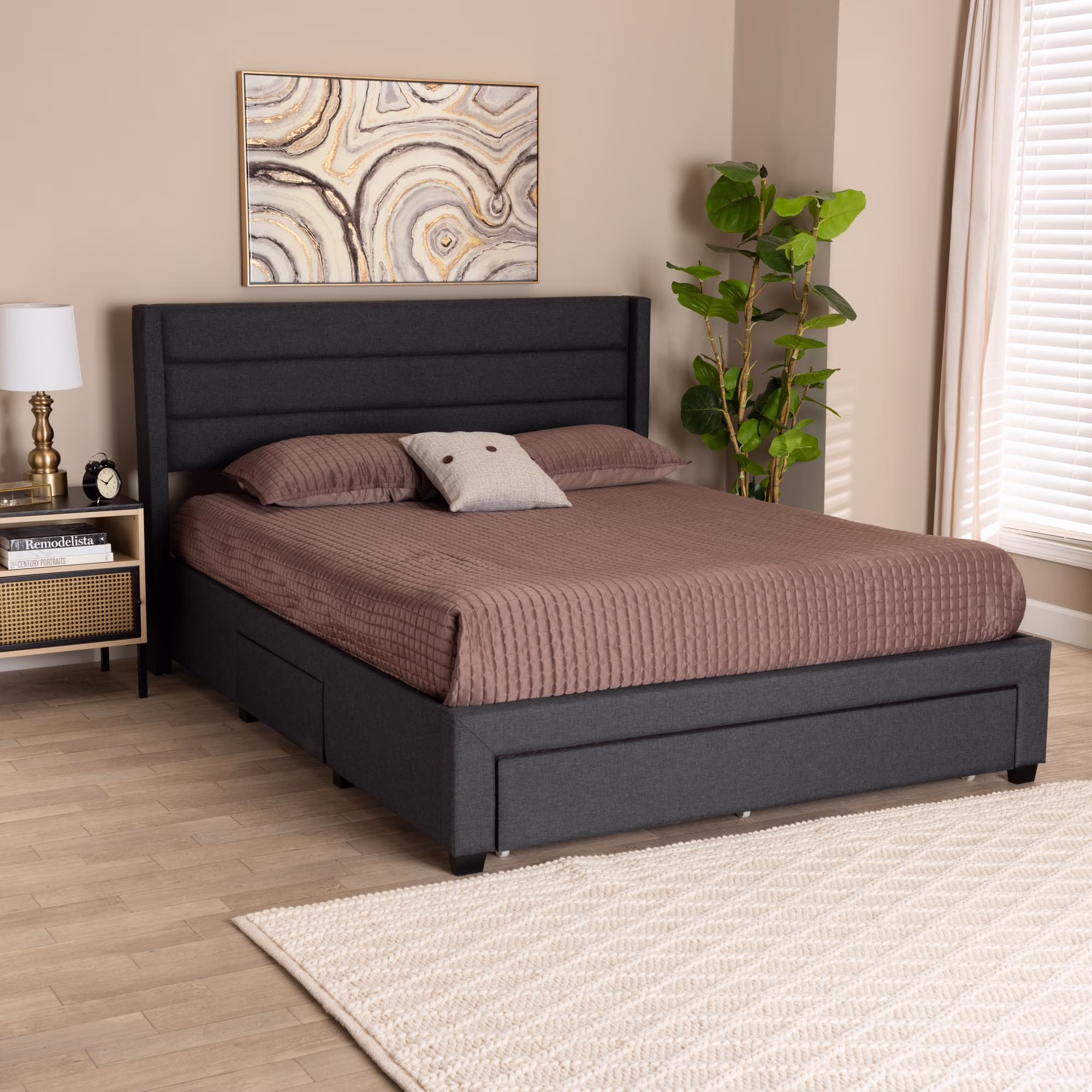 Baxton Studio Braylon Mid-Century Modern Transitional Charcoal Grey Fabric and Dark Brown Finished Wood Full Size 3-Drawer Storage Platform Bed