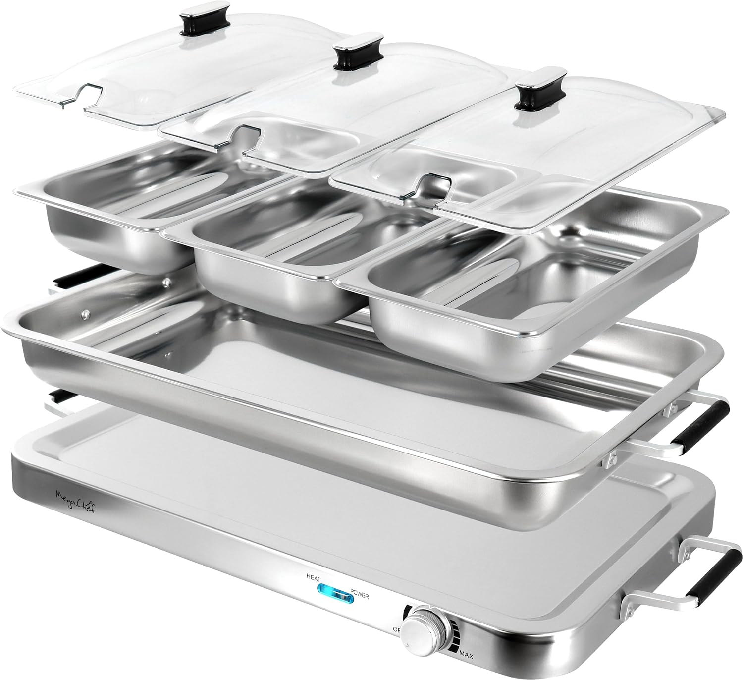 3-in-1 Electric Chaffing Buffet Server and Warming Tray with Triple 2.63 Quart Trays and 8.6 Quart  Pan