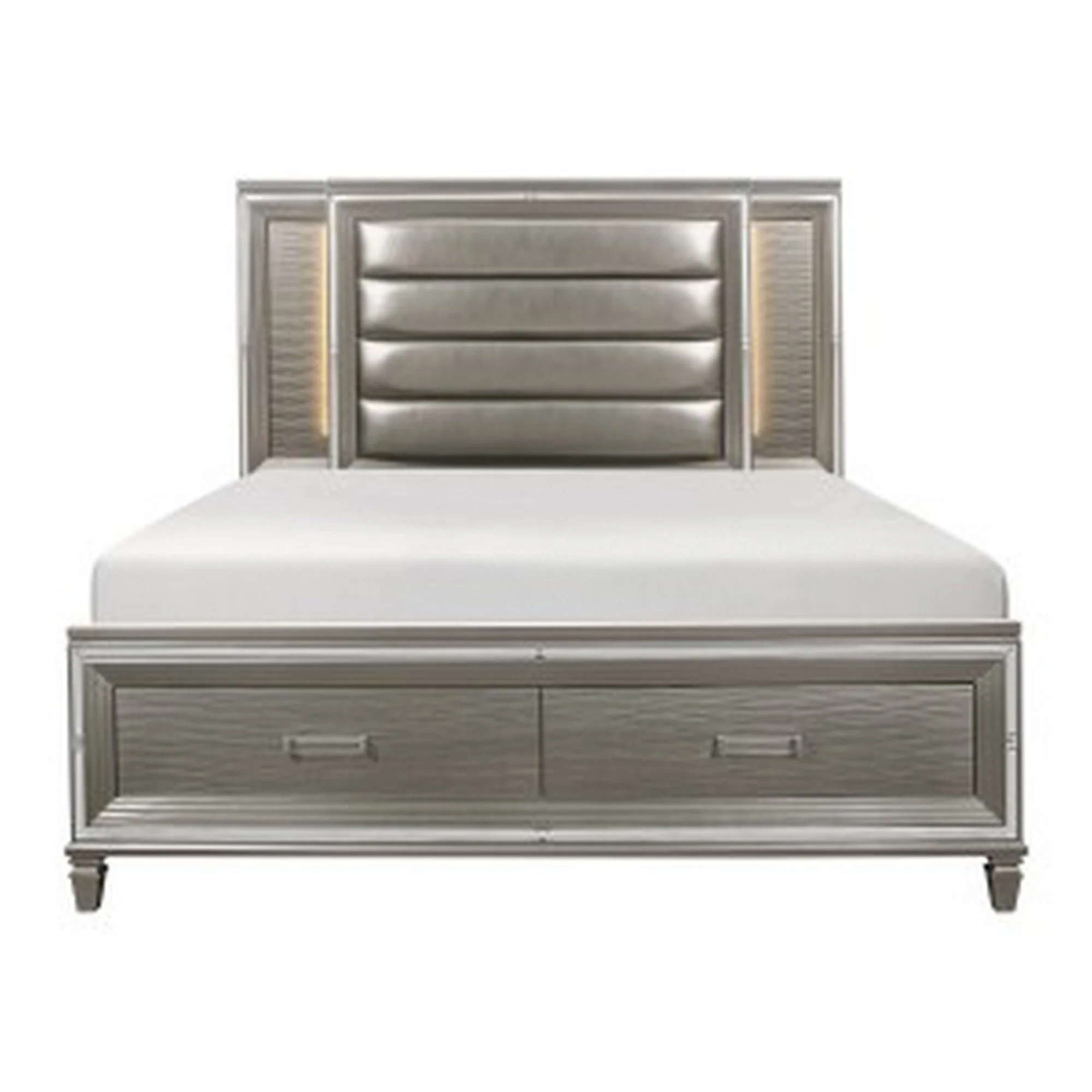 Benjara Delcy Queen Platform Bed, LED Headboard 2 Drawer Footboard, Mirrored Silver