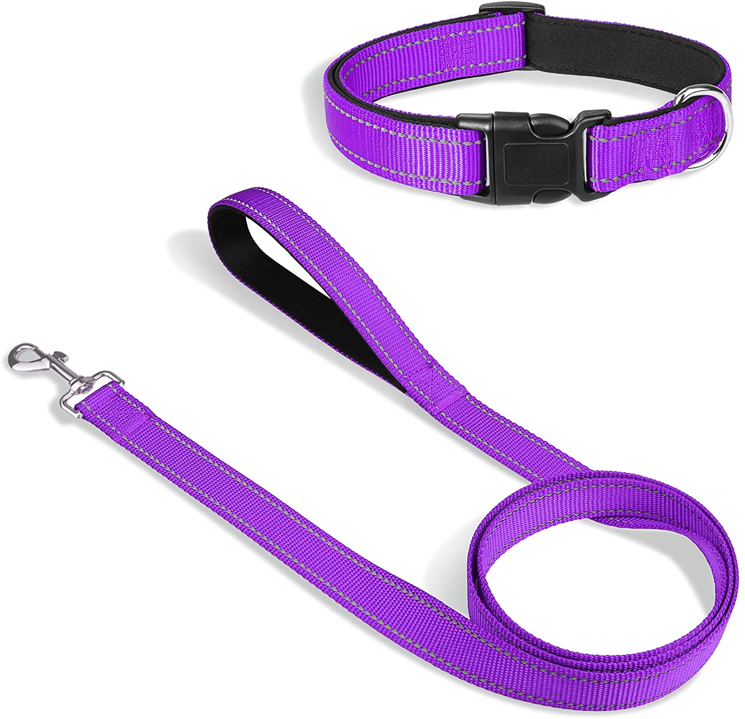 Dog Collar Bundle with 5FTx1 Width Double-Sided Reflective Dog Leash,5FT Nylon Dog Leashes with Nylon Dog Collar for Small Dogs,Purple
