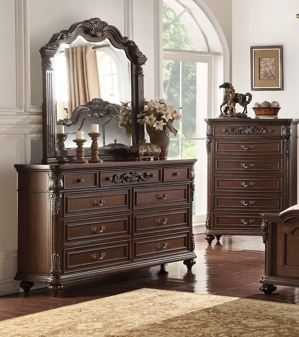 Bedroom Furniture Traditional Formal Queen Size Bed Dresser Mirror 2x Nightstands Chest 6pcs Set Dark Brown Plywood