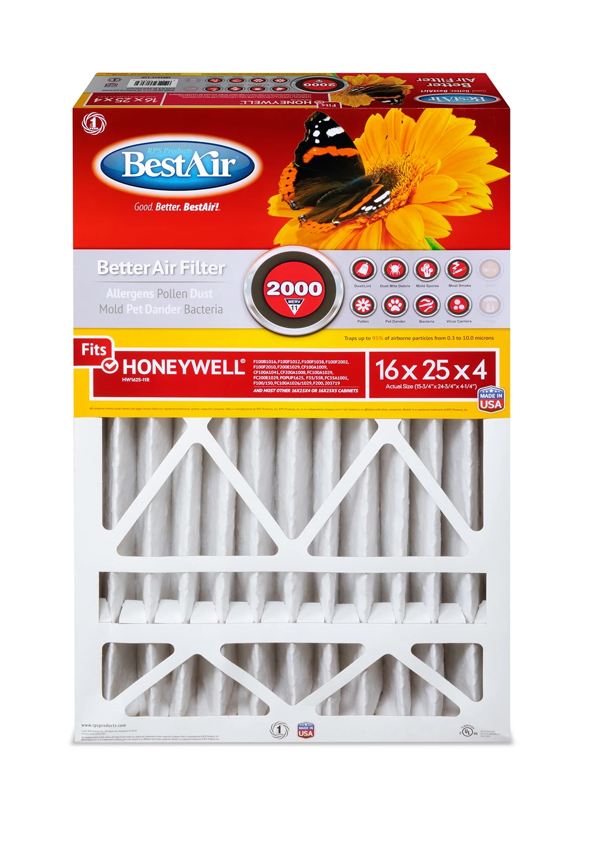 BestAir HW1625-11R Honeywell 16x25x4 Series 2000 MERV 11 Furnace Filter