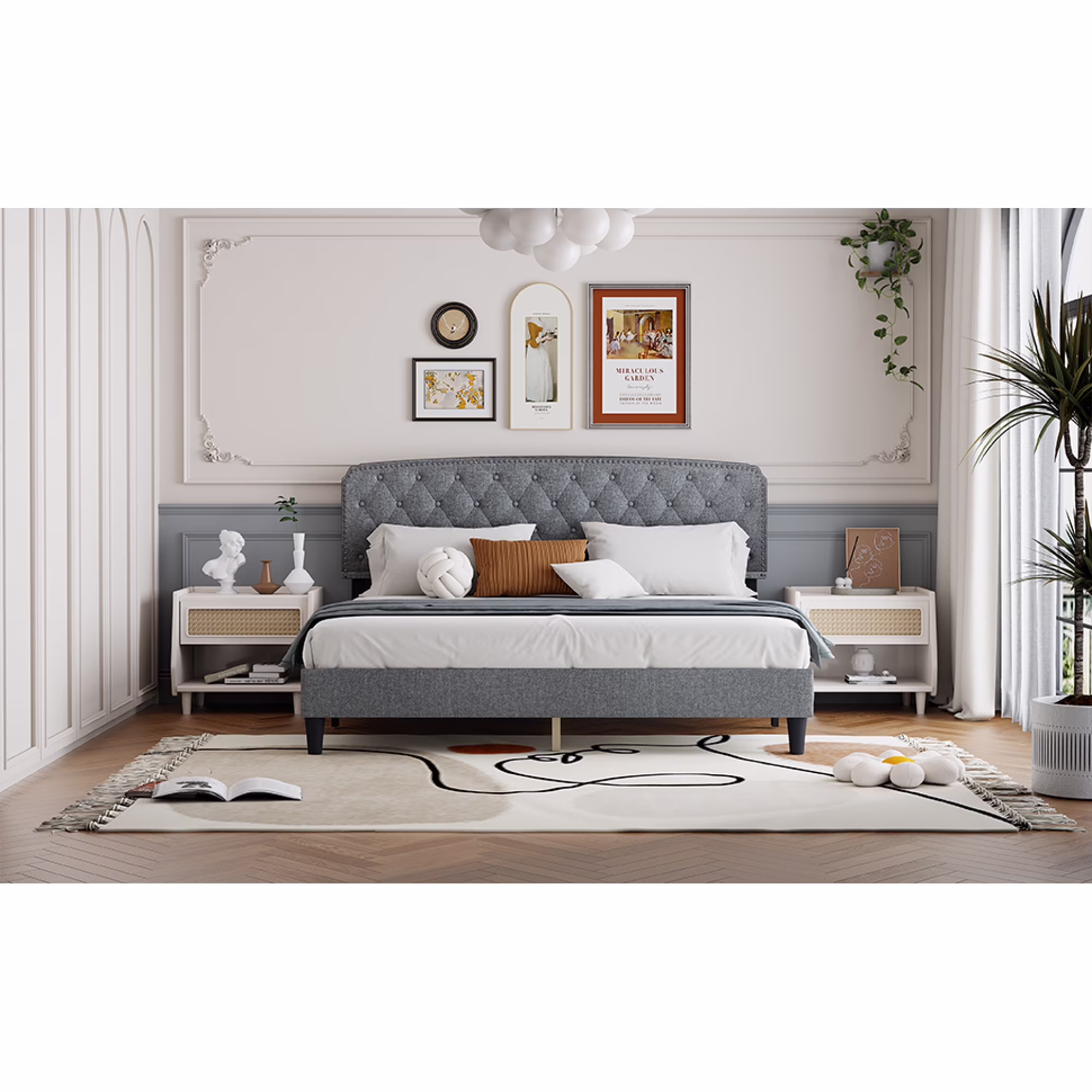 Light Grey King Size Adjustable Headboard with Linen Upholstery and Button Tufting, Wave Top Design