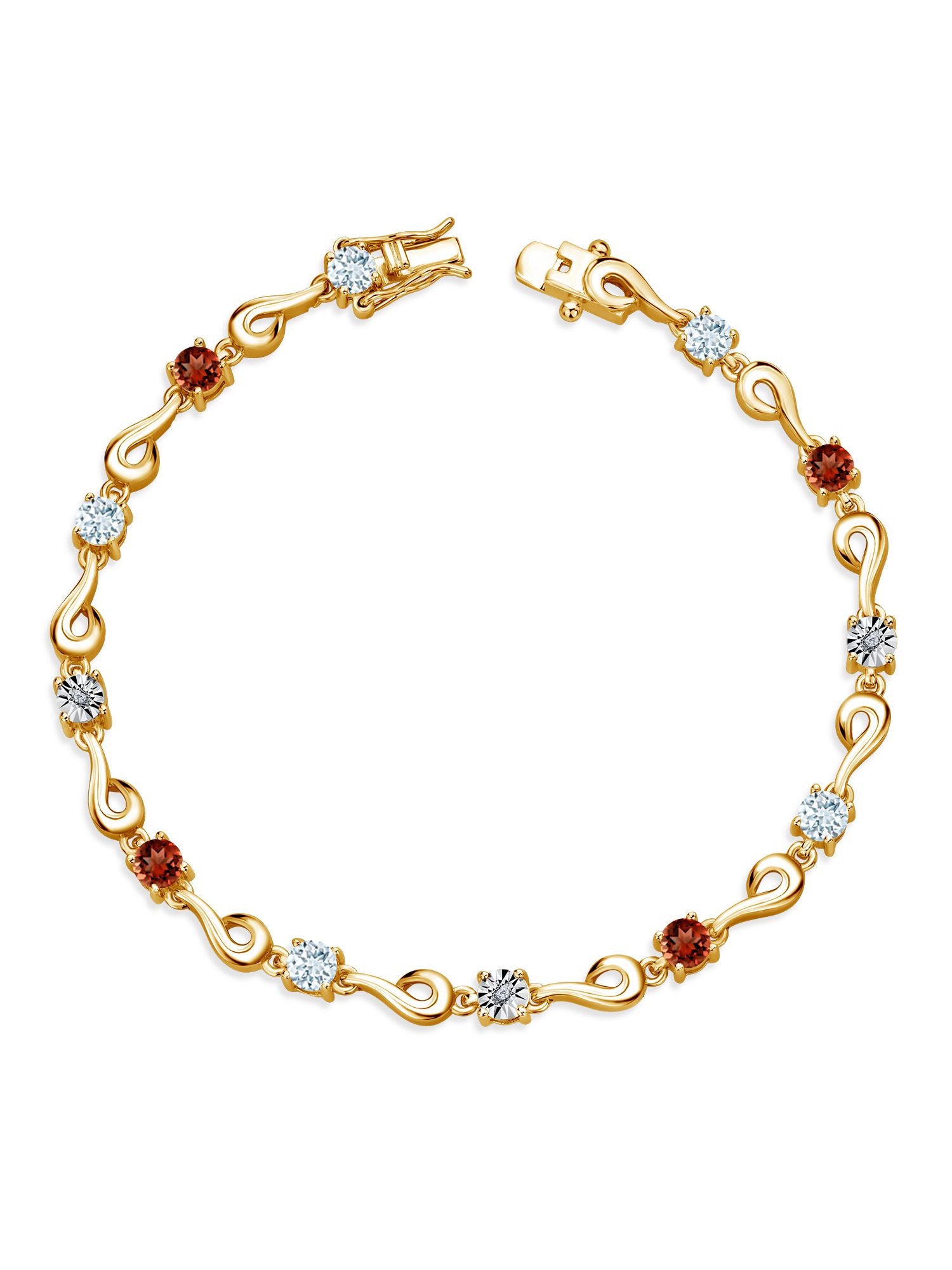 Gem Stone King 18K Yellow Gold Plated Silver Sky Blue Aquamarine and Red Garnet and White Lab Grown Diamond Bracelet For Women (2.75 Cttw, Gemstone March Birthstone, Round 4MM, 7 inch)
