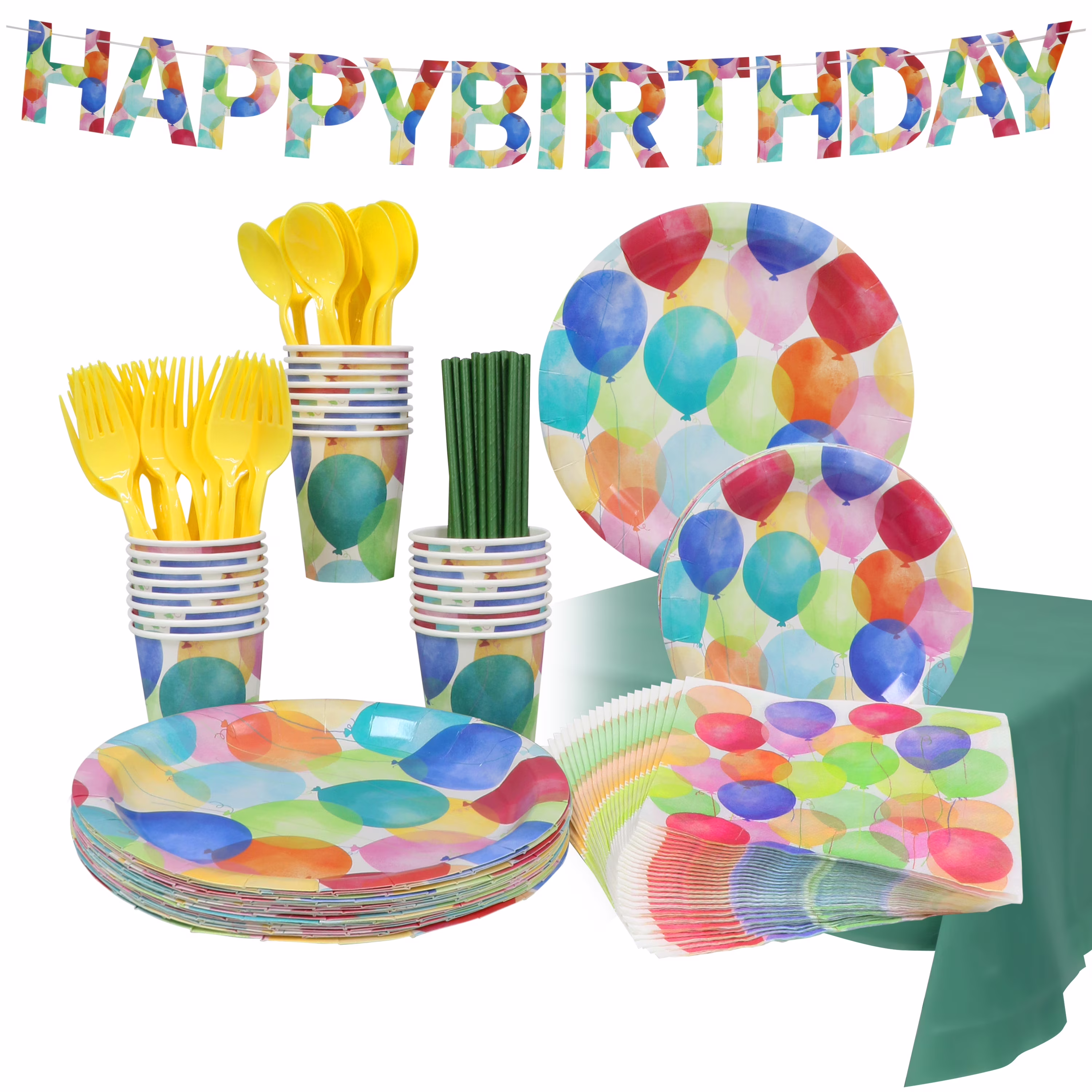 Puleo 171 PC. Disposable Birthday Party Set, Serves 24, with Small Plates, Large Plates, Napkins, Cups, Plastic Utensils, Straws, Tablecloth and Banner