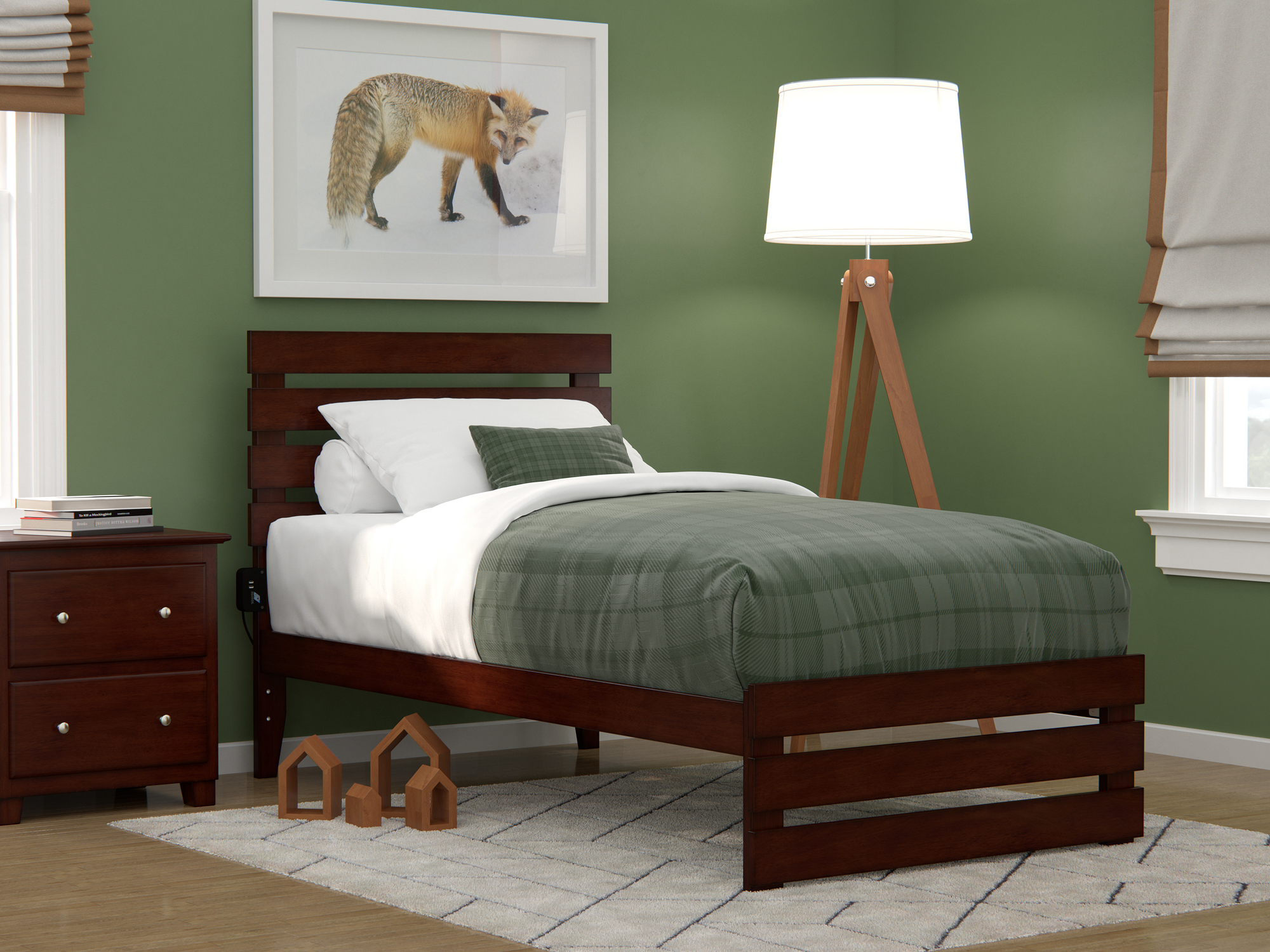 Oxford Twin Bed with Footboard in Walnut with USB Turbo Charger