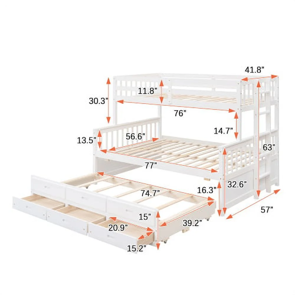 Churanty Twin Over Full Bunk Bed with Trundle and Drawers, Wood Separable Bunk Bed for Kid,White