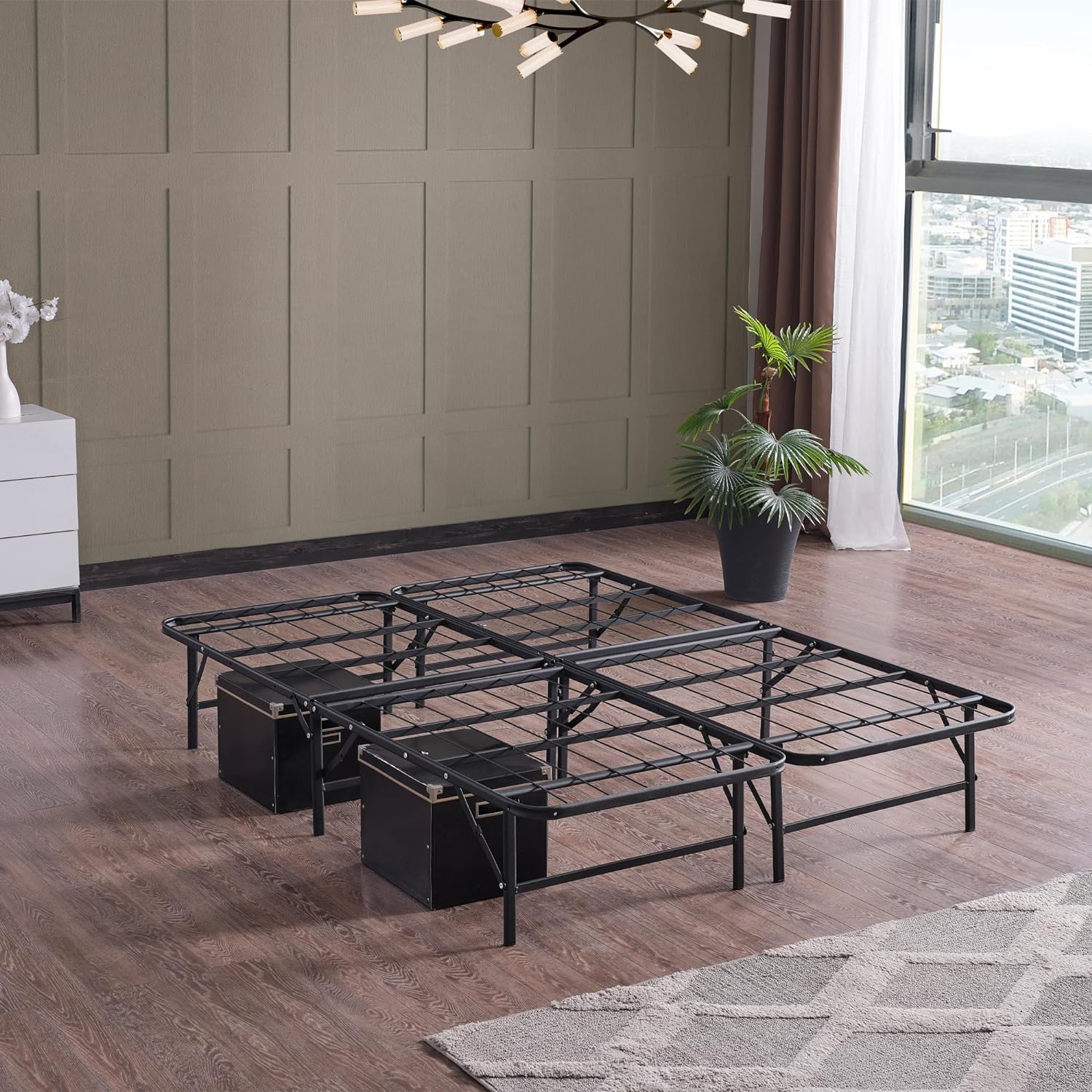 YINCHEN Foldable Metal Bed Frame Queen Size Metal Platform Easy Assembly Heavy Duty Noise Free Bed Frame 13 Inches of Clearance Underbed Storage Sturdy Steel Frame, Queen, Black